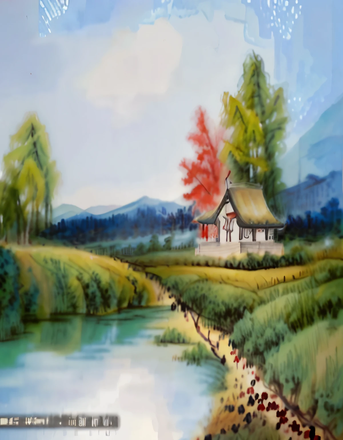 There is a house by the lake in the painting,There is a path leading to the house., 畫布上美麗的oil painting, 光滑的painting, 专业painting, oil painting, 风景Art品, Gasping for oil, Gasping for oil on canvas, 高细节painting, oil painting painting, oil painting, painting, Art, Painting landscapes, 布面painting, nature painting