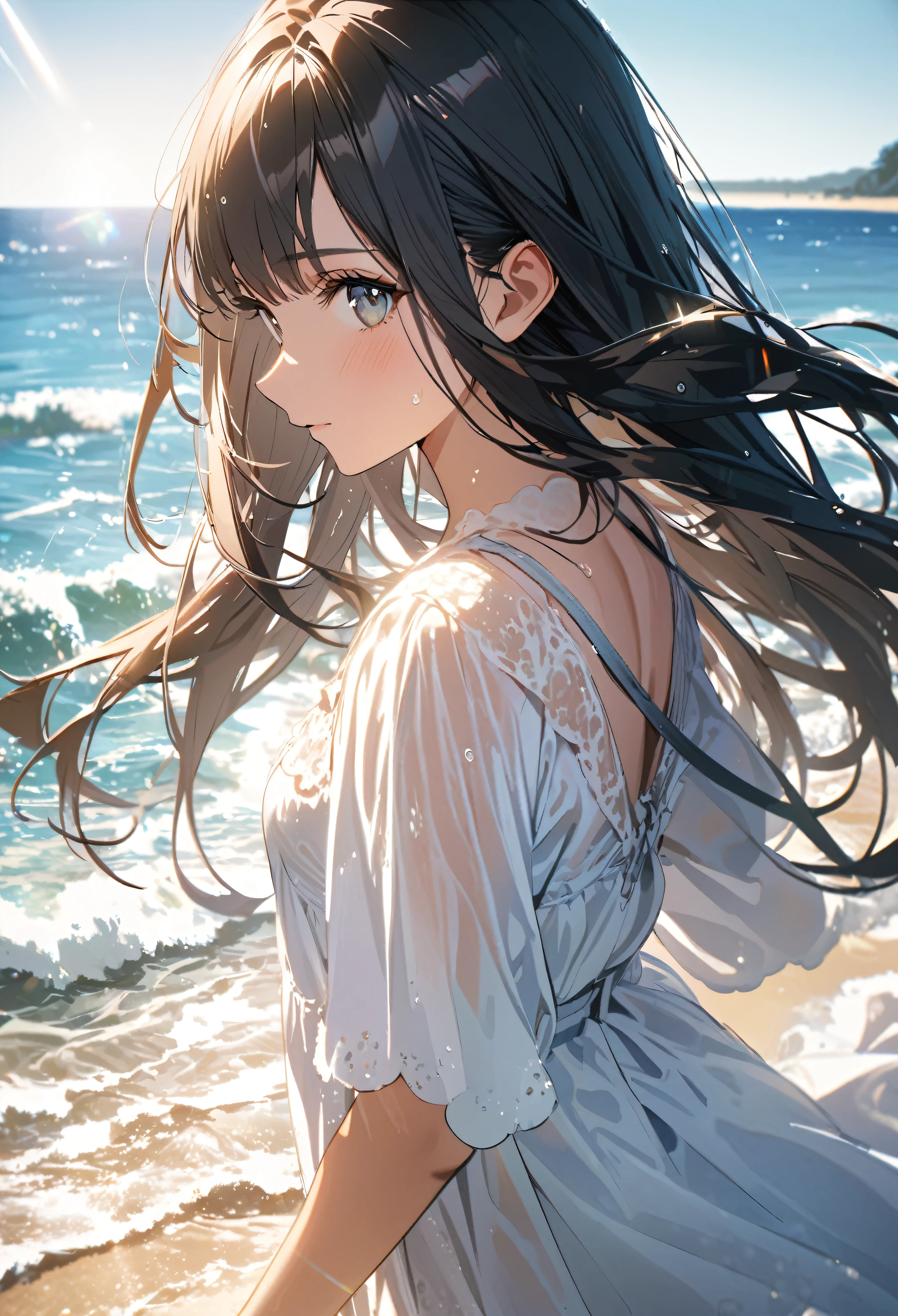 Angelic, 1girl, black long straight hair, sharp hair, facial profile, looking back, , on the beach, splash of water, lens flare, noon, bright, natural color, high-res, super delicate, ultra detailed, 8k