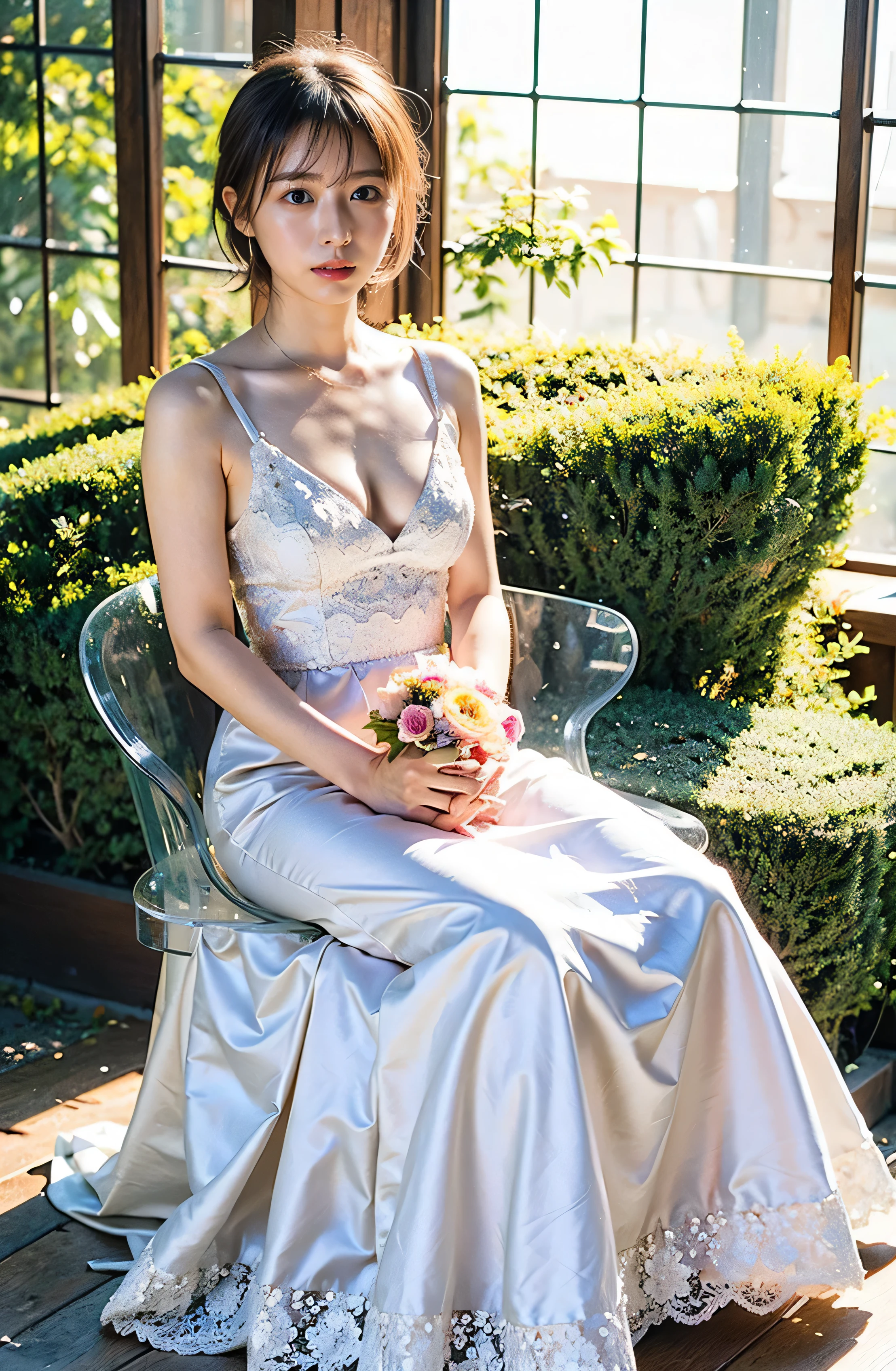 A luxurious white silk dress with lace、Stunning gardens、Colorful flowers々is blooming、White silk and shiny dress、A luxurious and elegant white wedding dress、Braided hair only for the bangs（（wedding ceremony:1.4））、Full body photo、smile、 Caustics、Highly detailed photos、Very beautiful eyeedium Short Hair、Large 、Super no makeup、(8k、RAW Photos、highest quality、masterpiece:1.2)、(Realistic、Realistic)、1 girl、((Medium Short Hair、Looking into the camera:1.4))、
