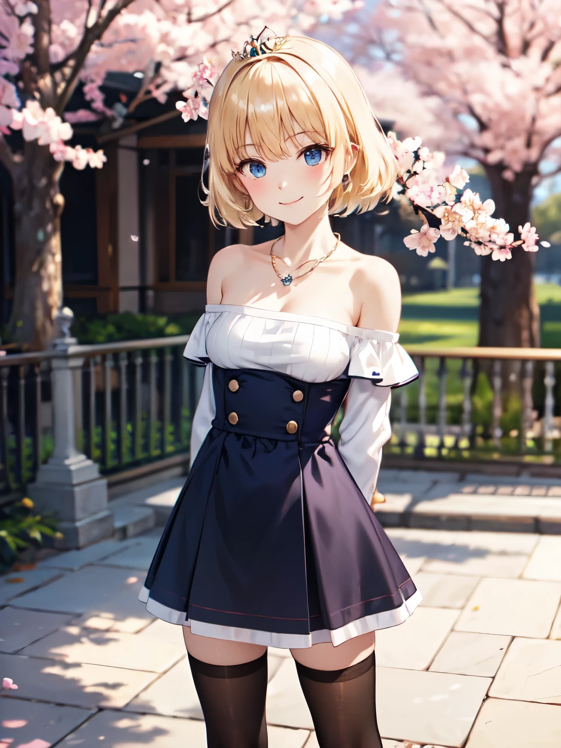 Woman portrait ,Blonde Hair、princess mia、smile、Closed Mouth、necklace, clavicle, Off the shoulder, Sweater dress, Long sleeve, Black knee socks, Outdoor, Are standing, Put your arms behind your back, cherry blossoms,