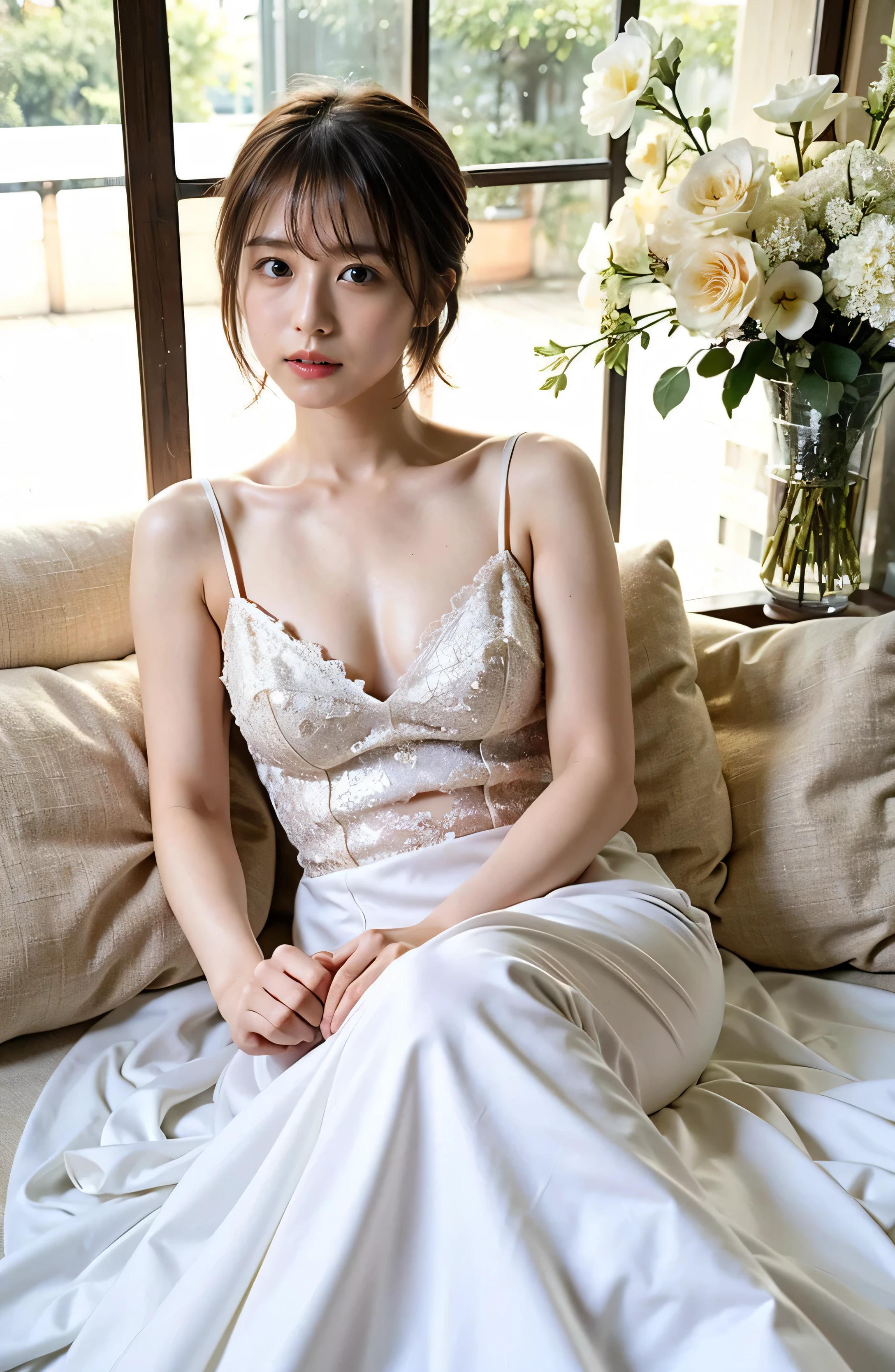 White silk and shiny dress、A luxurious and elegant white wedding dress、Braided hair only for the bangs（（wedding ceremony:1.4））、Full body photo、smile、 Caustics、Highly detailed photos、Very beautiful eyeedium Short Hair、Large Breasts、Super no makeup、(8k、RAW Photos、highest quality、masterpiece:1.2)、(Realistic、Realistic)、1 girl、((Medium Short Hair、Looking into the camera:1.4))、
