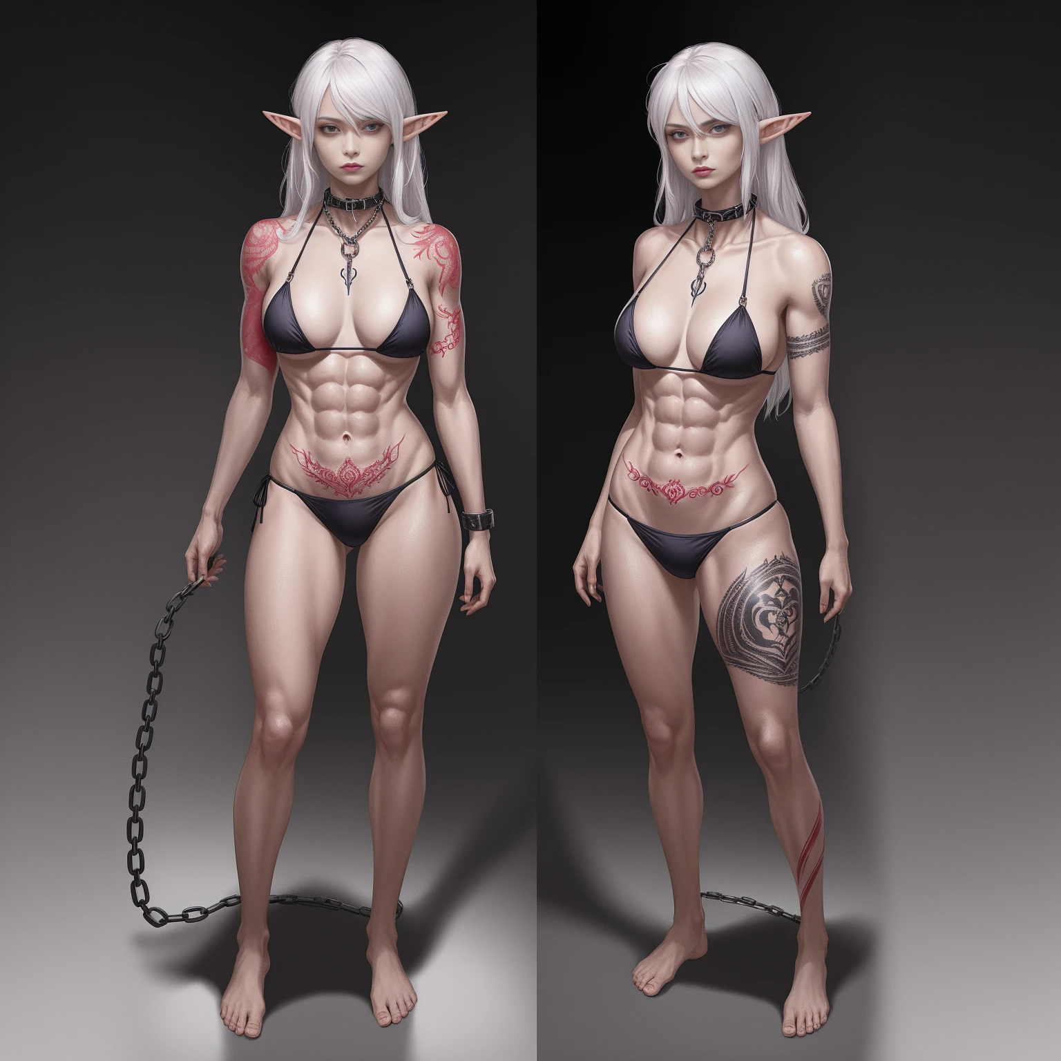 ((1girl)) full body, standing, grey skin, drow, elf, mature, purple eyes, white hair, black bikini, abs, big knockers, tatter rags, chain collar, stomach tattoo (red tattoo)