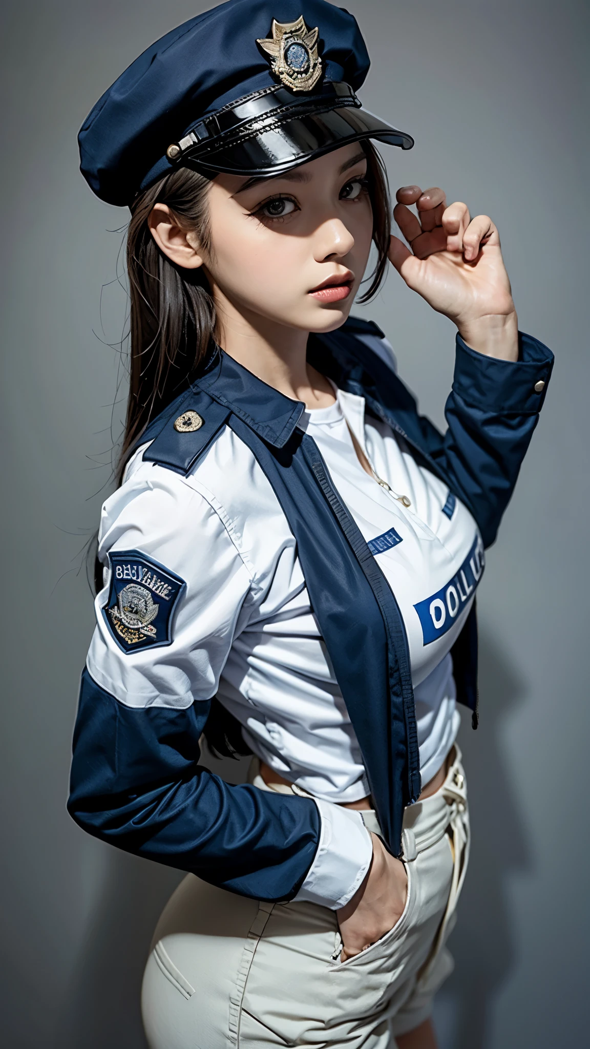 Simple Background, (Wearing a policewoman&#39;s uniform and hat: 1.4), Good move, 4K, High resolution, masterpiece, highest quality, head: 1.3, ((Hasselblad Photography)), Fine skin, Clear focus, (cineminic lighting), Soft lighting, Dynamic Angle, [:( Detailed face: 1.2): 0.2], medium chest, chest, (((Inside the mansion))), (chestを露出: 1.3), 1 girl, jewelry, Earrings, orange_null, 一人in, Mole, length_hair, Mole_Down_eye, upper_body, gray_eyes, Looking_in_Audience,, Brunette, fashion, (head tilt: 1.4), Simple Background, Red background,