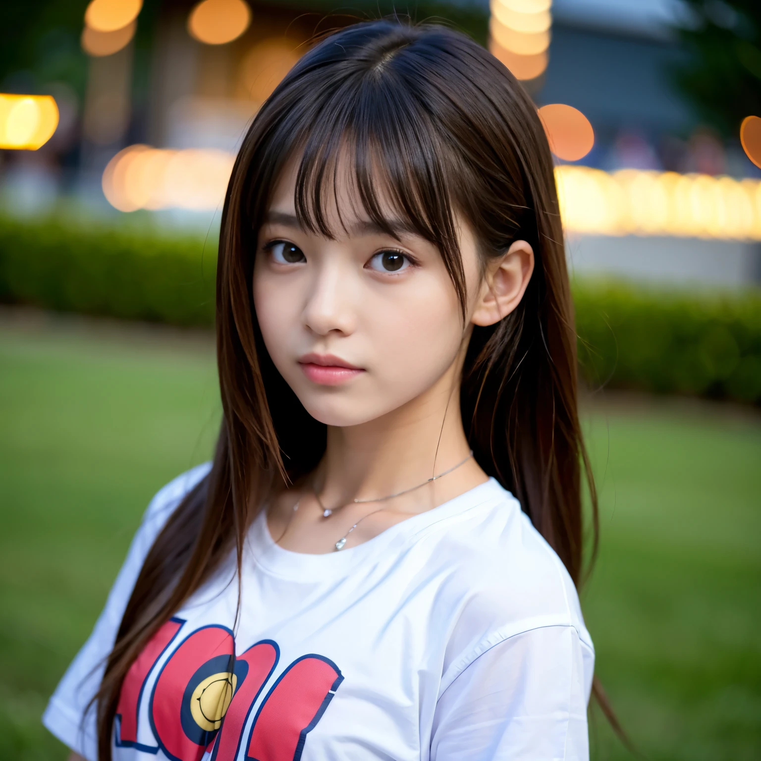 (Best-quality, Masterpiece, Ultra-High-Resolution, (Photorealistic:1.4), Raw Photo, depth of field, professional lighting, perfect anatomy, extremely details), 1girl, 15-years-old, the most famous Japanese idol, upper body, wearing T-shirt with punk-design, extremely cute face, extremely beautiful big-eyes, extremely beautiful hair, extremely beautiful skins, extremely beautiful long-eyelashes, extremely beautiful lips, looking at viewer