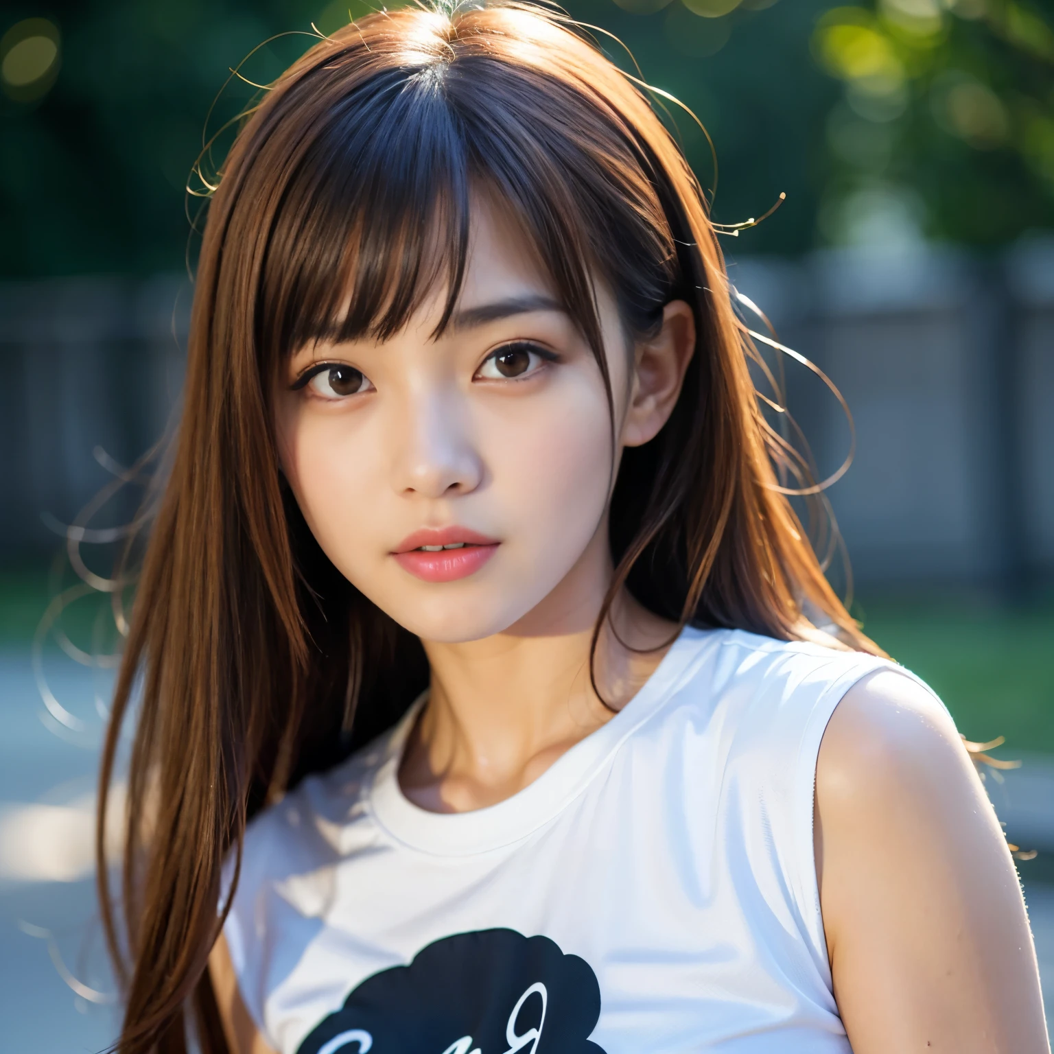 (Best-quality, Masterpiece, Ultra-High-Resolution, (Photorealistic:1.4), Raw Photo, depth of field, professional lighting, perfect anatomy, extremely details), 1girl, 15-years-old, the most famous Japanese idol, upper body, wearing T-shirt with punk-design, extremely cute face, extremely beautiful big-eyes, extremely beautiful hair, extremely beautiful skins, extremely beautiful long-eyelashes, extremely beautiful lips, looking at viewer