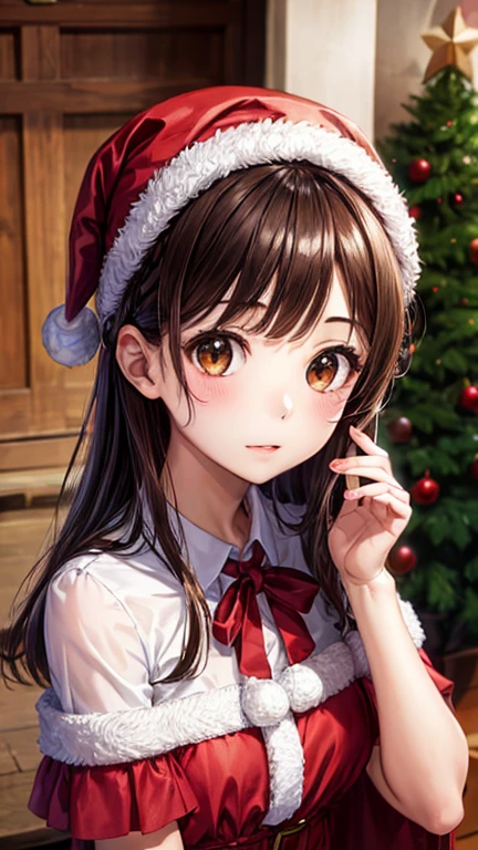 Sayuogi Wara, Sayu Ogiwara, by the chestnut, (Brown eyes:1.5), pelo medio,High Quality Anime Girl with Brown Hair and Brown Eyes.、[3D images:1.25],[[Ojos atractivos,Un ojo detallado、radiant eyes, ojos coloridos:1.1]],Referencias absolutas、tiro de vaquero,(dedos finos:1.1)、Una mano en la cadera、vista frontal、Cute anime illustration、8ＫImagen、Una chica linda no importa quien mire.、inside the room、Lindo vestido rojo y blanco、high resolution、Sharp focus、Cinta para el pelo、guantes、Navidad、red capelet、sombrero de Santa、Dresses in Navidad colors