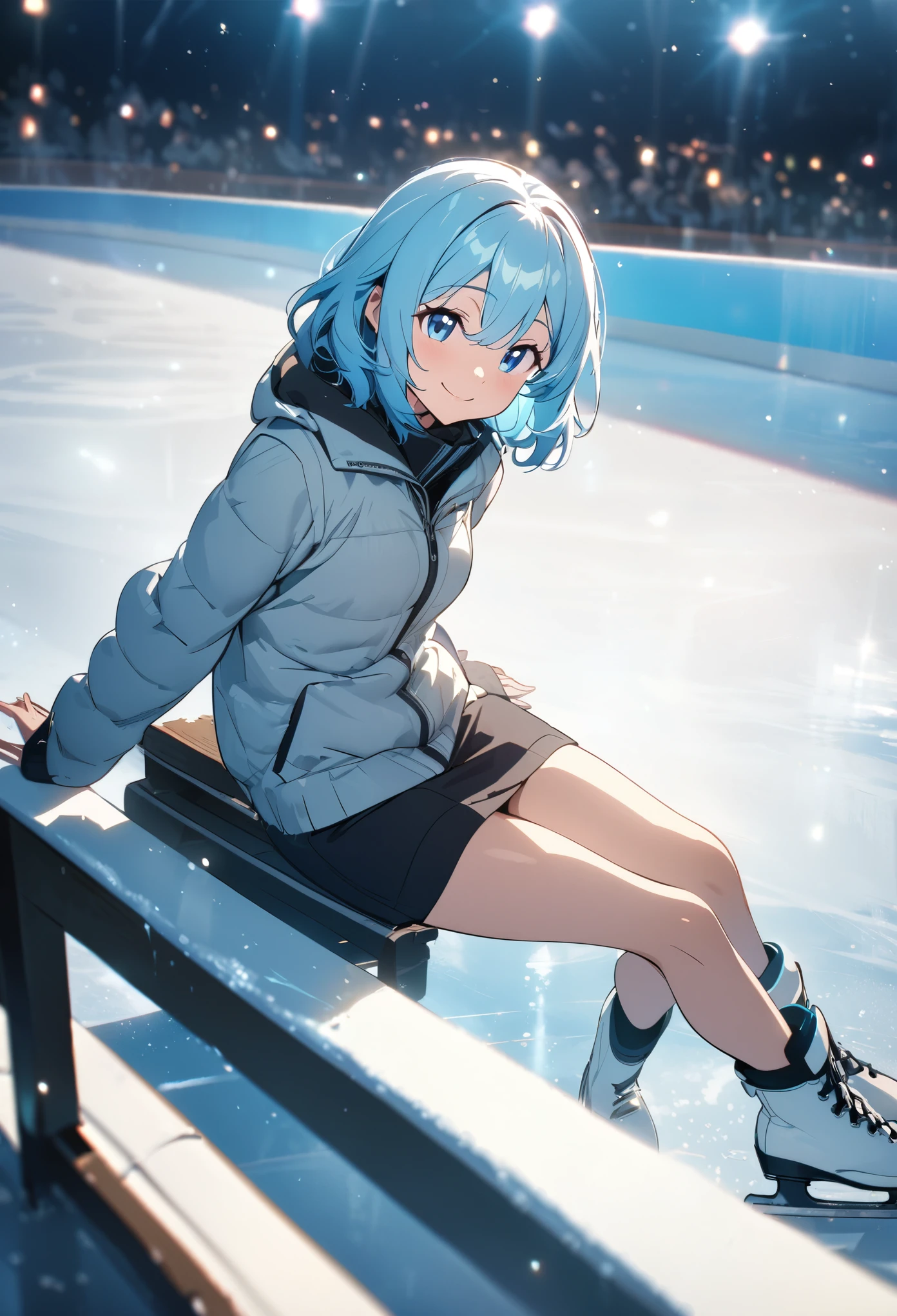 anime girl with light blue hair and blue eyes, in a short dress and ice skates, sitting down on a bench, ice skating rink, happy, closed mouth, smiling, masterpiece, best quality, cinematic lighting, no other humans, Illustration