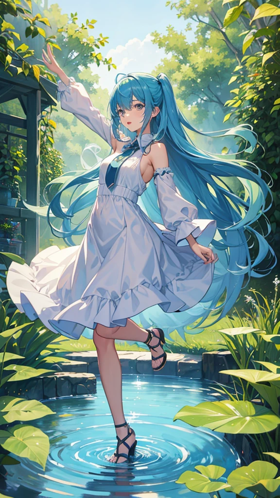 Long-haired girl dancing in a water maze