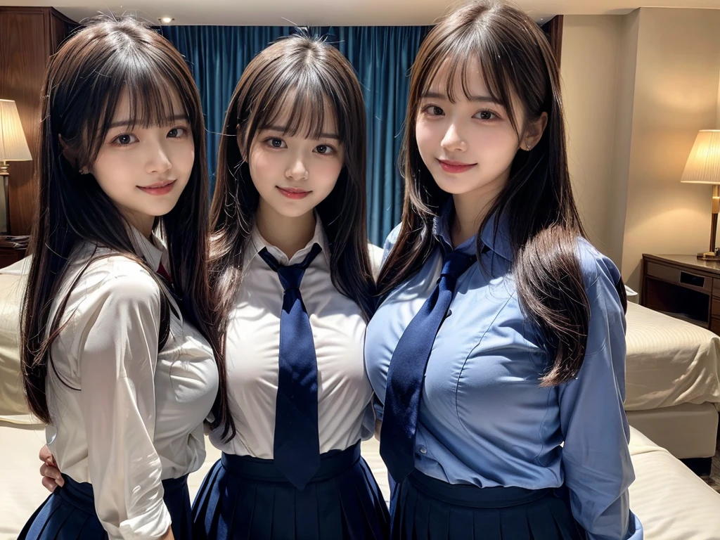 (8K, Raw photography, top-quality, ​masterpiece:1.2),  ((3 beatiful girls))、.（Realistic Skins 1.4）、（（（female high-school student、School Uniforms、）））、{{‎(The background is a luxury hotel room}}（（School Uniforms、white Cutter shirt、darkblue pleatedskirt))、（(long hair)）、（A dark-haired、The forehead is hidden by bangs、）、Black eyes、shinny skin.Beautiful delicate face、Beautiful delicate eyes、｛Voluptuous body shape、Thicker thighs｝、One piercing in each ear、((smile:1.3)),((large breasts)), ((navy blue tie)) ,looking at camera, ((close up))