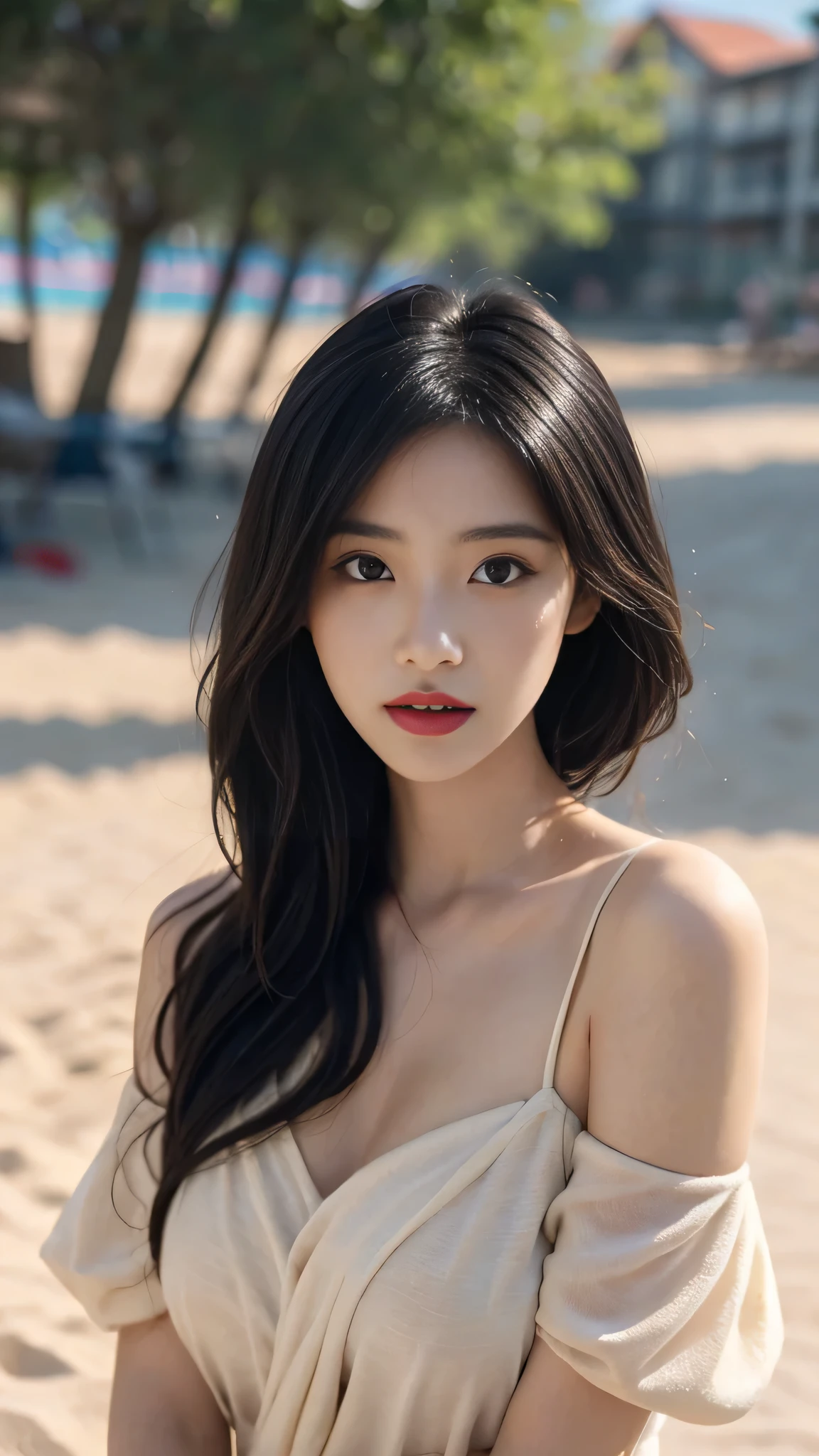 A perfect young female，High picture quality，Works of masters，Black hair，Long hair flowing over the shoulders，Beach wave hairstyle，cropped shoulders，exquisite face，Hydrated red lips，Real Human，CG rendering, depth of fiel, blurred background