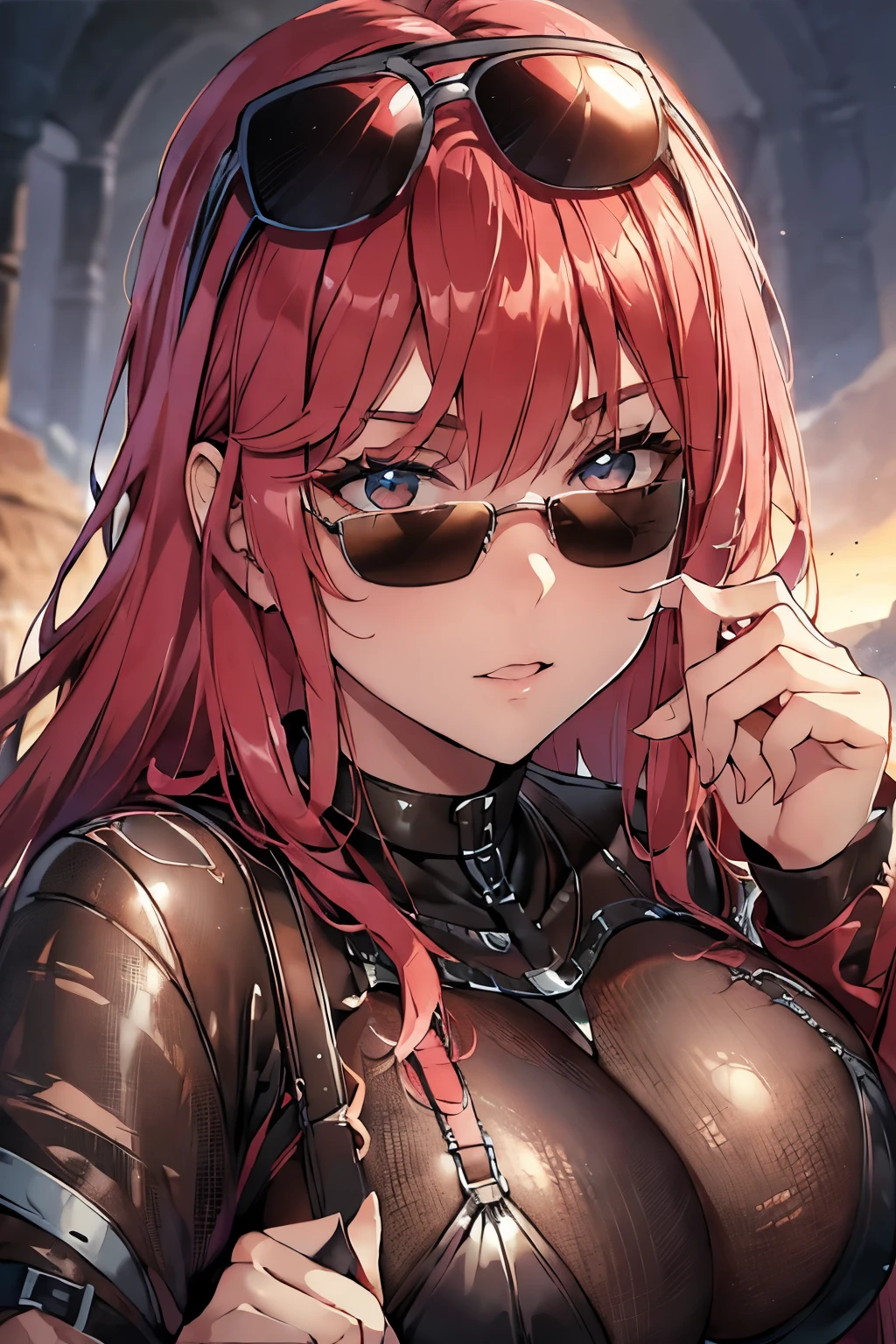 (desert landscape), (finely detailed eyes and detailed face:1.3), (extremely fine and beautiful:1.1), (Perfect details:1.1), ((gros seins)), ((buste du personnage)), volume, nikke, red hair, long hair, sunglasses on head, red jacket, ripped bodystocking, black chocker, black bra, chest chains, yellow eyes,