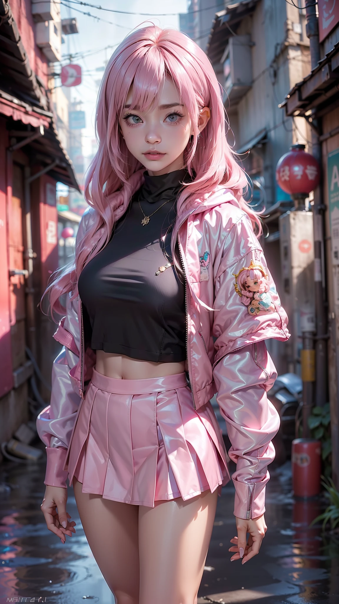 (La mejor calidad,A high resolution,Ultra - detallado,actual),Ariana Grande cyberpunk a doll with long pink hair and a (chaqueta pink:1.4) ,(mini skirt pink :1.4) ,(Pink wavy hair:1.2) ,(Fantasy, Hard Rock Girl:1.4) , animated barbie doll,, (Estilo Ross Tran:1.4) , (ilya kuvshinov con pelo largo:1.4) , chica anime con pelo largo pink, figura emergente del desfile, More detailed 8K.motor irreal:1.4,HD,La mejor calidad:1.4, fotorrealista:1.4, textura de la piel:1.4, obra maestra:1.8,obra maestra, mejor calidad,objeto Objeto], (rasgos faciales detallados:1.3),(Las proporciones correctas),(Ojos hermosos azules),  (pose vaquero), (Japan alley background :1.4), ,( ciberpunk 2.1), (estilo kawaii :1.4), (dedos hermosos detailed:1.4), (perfect anatomy), (miniskirt colegiala white :1.4), ,( ciberpunk 2.1), ,(Fondo de ruinas de mazmorra en ruinas cyberpunk :1.4 ), (colores brillantes), (Hard Rock Girl V2.1) 
