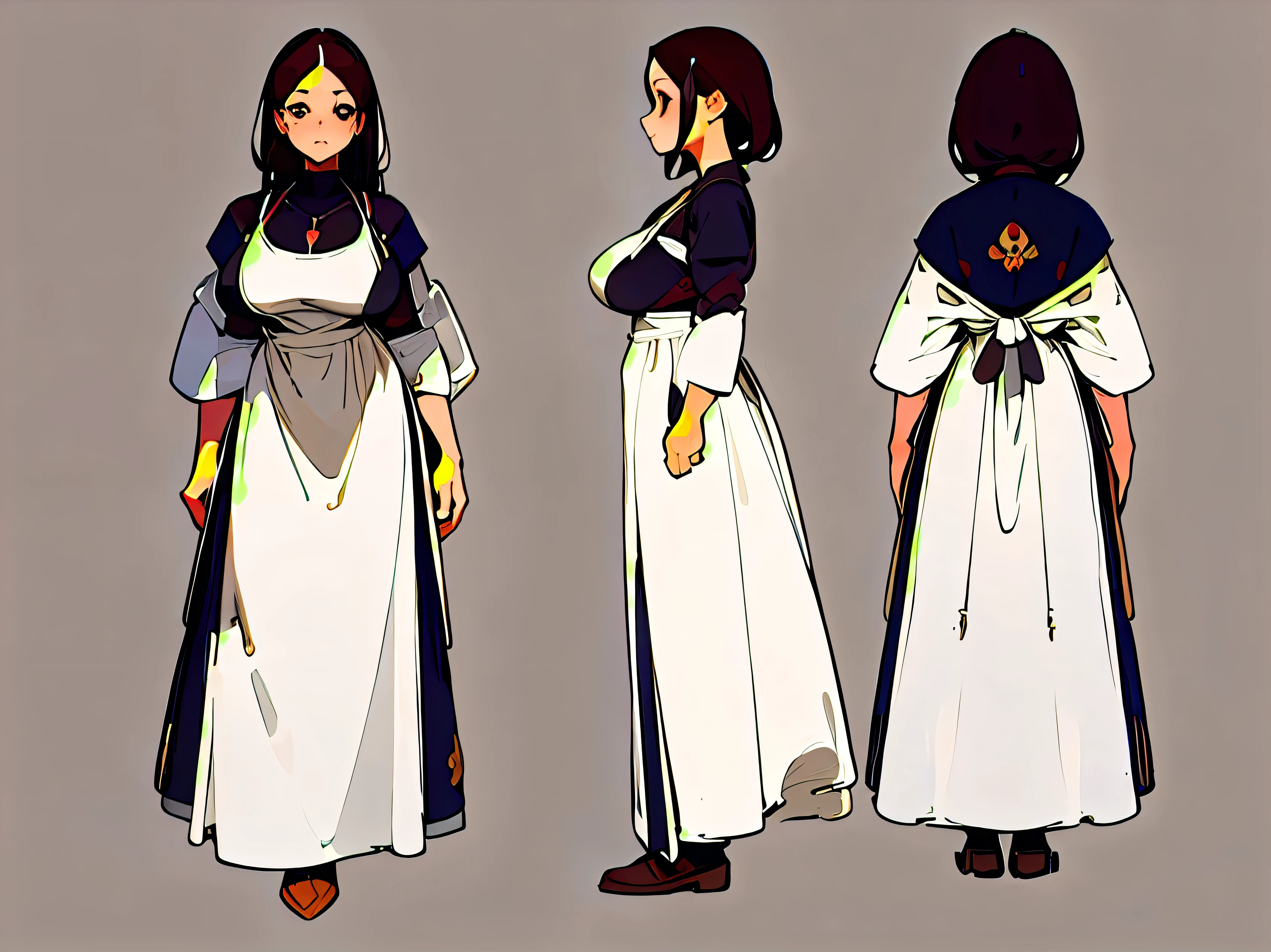 ((masterpiece)),(((best quality))),(character design sheet, same character, front, side, back), illustration, 1 girl, a beautiful woman with perfect figure: 1.2, dark brown hair, wearing a pendant, wearing an apron, highly detailed face and skin, detailed eyes, double eyelids, big breasts