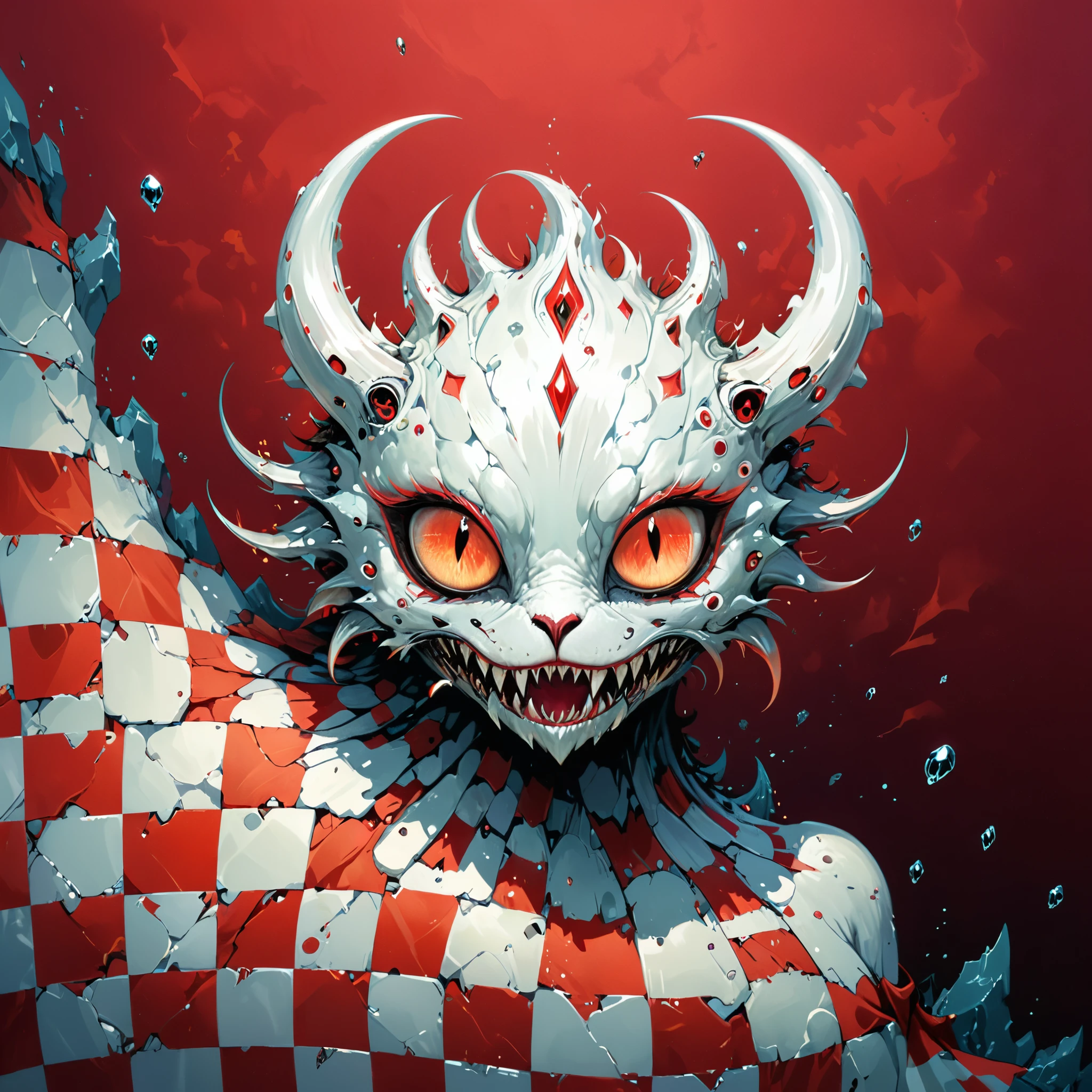 red and white checkered background,(best quality,4k,8k,highres,masterpiece:1.2),ultra-detailed,surrealist style,in style of Daniel Merriam,lovely style biopunk monster concept,character concept design,
BREAK
(full_shot:1.2),negative space composition,
BREAK