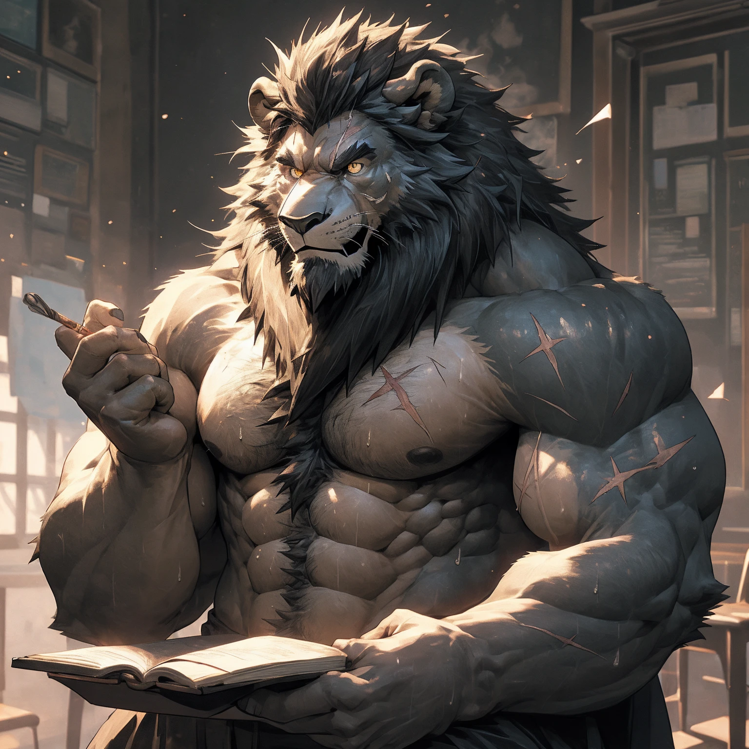 Sweaty, muscular, topless, the background is a spectacular magic school classroom, Harry Potter teacher, magician, hairy, anthropomorphic chest hair, serious face(Scar on face) Mature (Golden Eyes)Huge muscular ripped abs wild,Black lion, the bully of tribal ambition