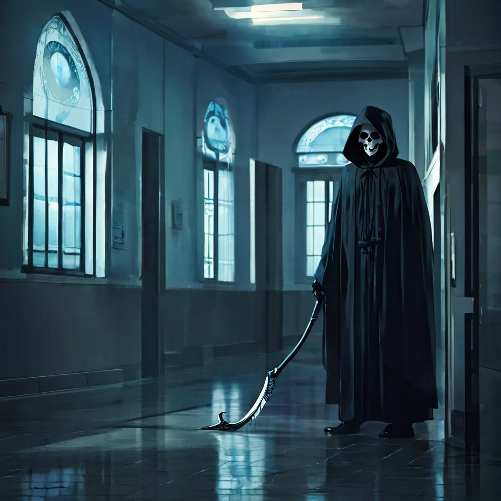 (best quality,4k,8k,highres,masterpiece:1.2),ultra-detailed,(realistic,photorealistic,photo-realistic:1.37),a black grim reaper,with detailed and flowing black robes,cloaked in shadows,walks unnoticed through a busy hospital. The grim reaper is extremely tall with a skeletal frame, holding a long and sleek scythe. The reaper's face is hidden beneath a black hood, but there is a sense of darkness and mystery emanating from its presence. The hospital is bustling with activity, nurses and doctors hurrying around attending to patients. The setting is dimly lit with flickering fluorescent lights, casting eerie shadows on the walls. The air feels heavy with a sense of anticipation and fear. The grim reaper moves silently through the hallways, invisible to the living, but there is an unspoken understanding that its purpose is to guide souls to the afterlife. The scene is tinged with blue hues, giving it a somber and chilling atmosphere. The only sound that can be heard is the faint whisper of the reaper's robes, and the occasional beep from medical devices. This artwork is a fusion of horror and realism, capturing the essence of life and death in a hauntingly beautiful way.