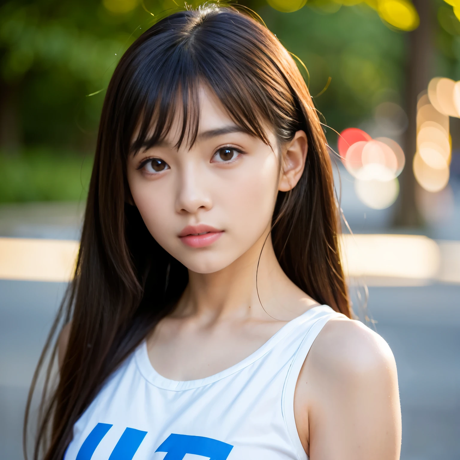 (Best-quality, Masterpiece, Ultra-High-Resolution, (Photorealistic:1.4), Raw Photo, depth of field, professional lighting, perfect anatomy, extremely details), 1girl, -yeld, thost famous Japanese idol, upper body, wearing T-shirt with cute-design, extremely cute face, extremely beautiful big-eyes, extremely beautiful hair, extremely beautiful skins, extremely beautiful long-eyelashes, extremely beautiful lips, looking at viewer