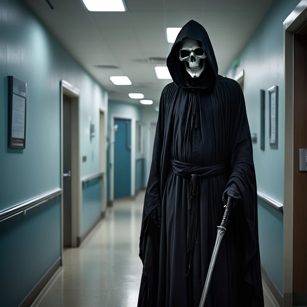 (best quality,4k,8k,highres,masterpiece:1.2),ultra-detailed,(realistic,photorealistic,photo-realistic:1.37),a black grim reaper,with detailed and flowing black robes,cloaked in shadows,walks unnoticed through a busy hospital. The grim reaper is extremely tall with a skeletal frame, holding a long and sleek scythe. The reaper's face is hidden beneath a black hood, but there is a sense of darkness and mystery emanating from its presence. The hospital is bustling with activity, nurses and doctors hurrying around attending to patients. The setting is dimly lit with flickering fluorescent lights, casting eerie shadows on the walls. The air feels heavy with a sense of anticipation and fear. The grim reaper moves silently through the hallways, invisible to the living, but there is an unspoken understanding that its purpose is to guide souls to the afterlife. The scene is tinged with blue hues, giving it a somber and chilling atmosphere. The only sound that can be heard is the faint whisper of the reaper's robes, and the occasional beep from medical devices. This artwork is a fusion of horror and realism, capturing the essence of life and death in a hauntingly beautiful way.