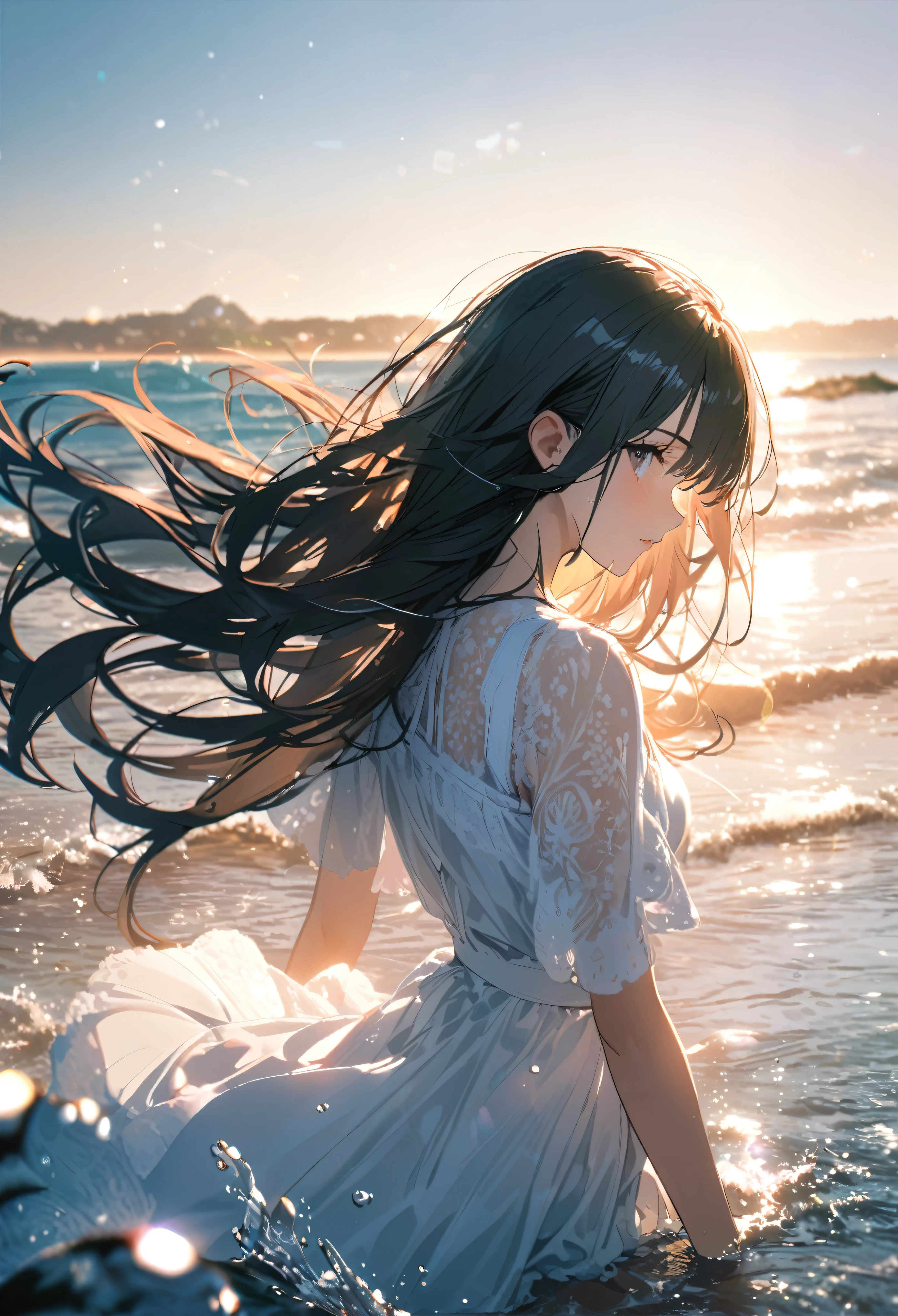 Angelic, 1girl, black long straight hair, sharp hair, facial profile, looking back, , on the beach, splash of water, lens flare, noon, bright, natural color, high-res, super delicate, ultra detailed, 8k