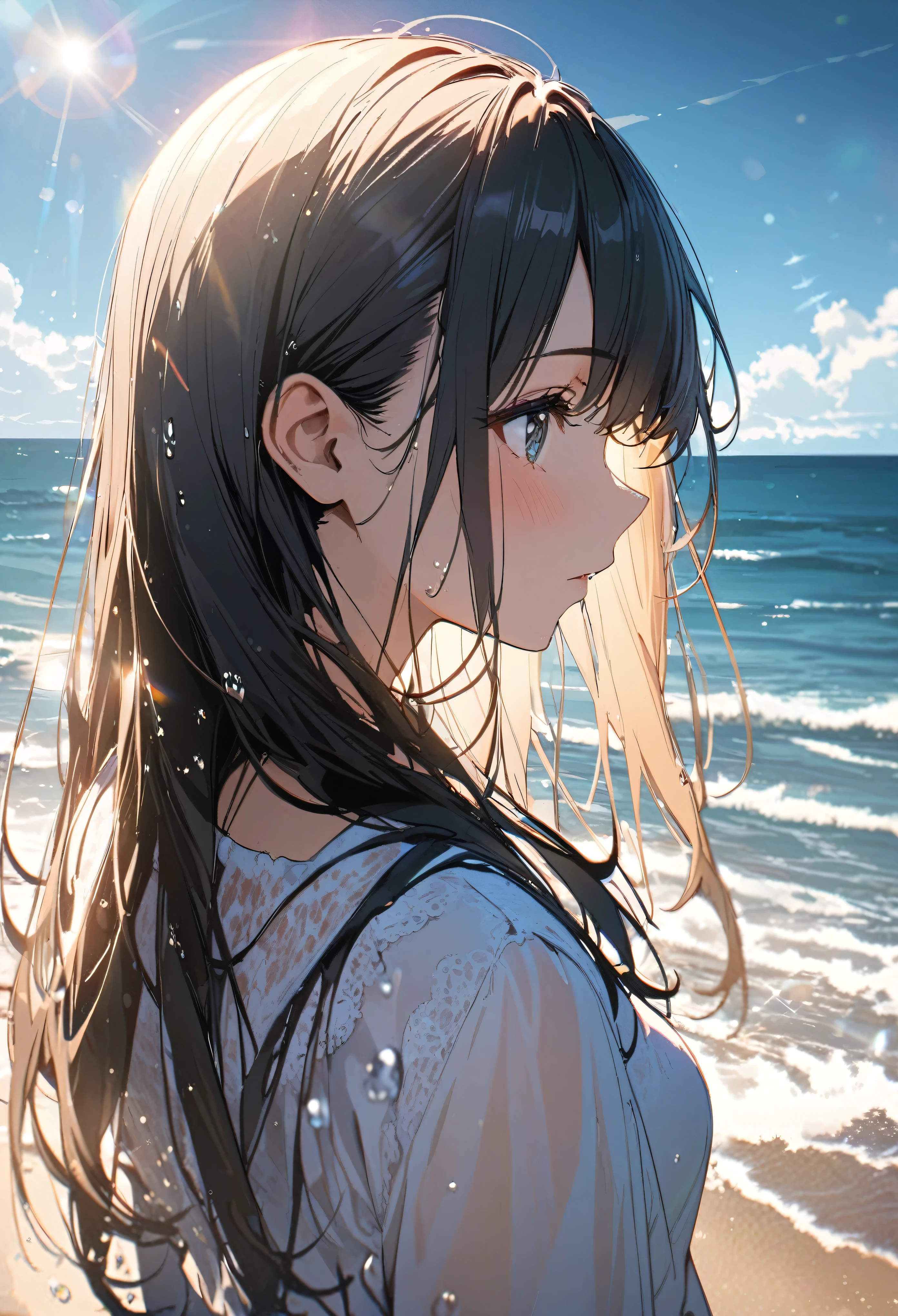 Angelic, 1girl, black long straight hair, sharp hair, facial profile, looking back, , on the beach, splash of water, lens flare, noon, bright, natural color, high-res, super delicate, ultra detailed, 8k