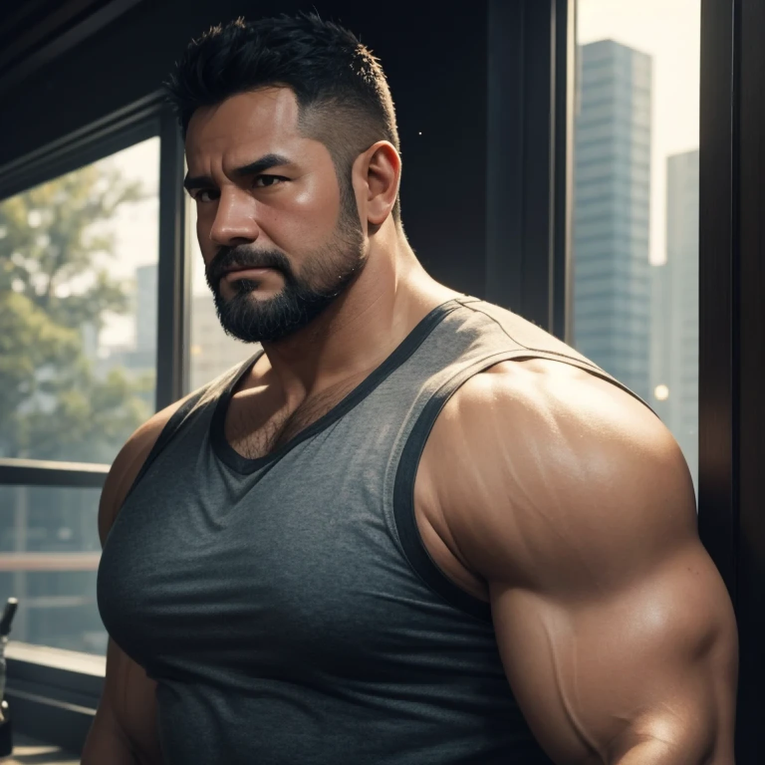 Blush, slightly frown, slightly smiling, gasp, [slightly open mouth:0.8], sweating, tank tops, 
(8K, HDR, best quality, highres ), specular lighting, radiosity, physically-based rendering, light particle, (establishing shot), (looking away:1.2),
1boys, (45 years old), black hair, short beard, chubby, nerdy,  extremely handsome, asian man, 
