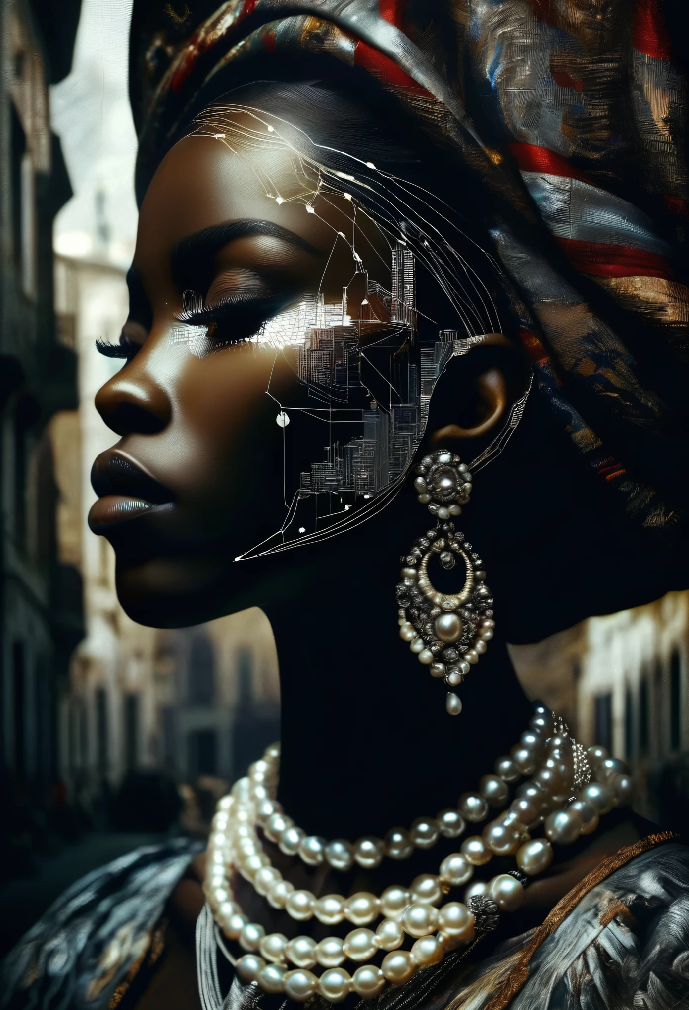 4D double exposure: portrait of the ((Transparent black woman with double exposure futuristic city streets in her head)), In the background of the city in renaissance costume, Oil Painting, 3/4 Profile view, gorgeous African designed pearl necklace, Luxurious fabrics, detailed embroidery, Moody chiaroscuro lighting, hight resolution