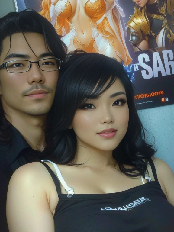 there is a man and a woman posing for a picture, using black ligerie, big breast ((hot and sexy ligerie)), wpol and sarasti, with her long, picture, masayoshi suto and artgerm, tyler edlin and natasha tan, scandy and arender, foto, hi - res scan, hi-res scan