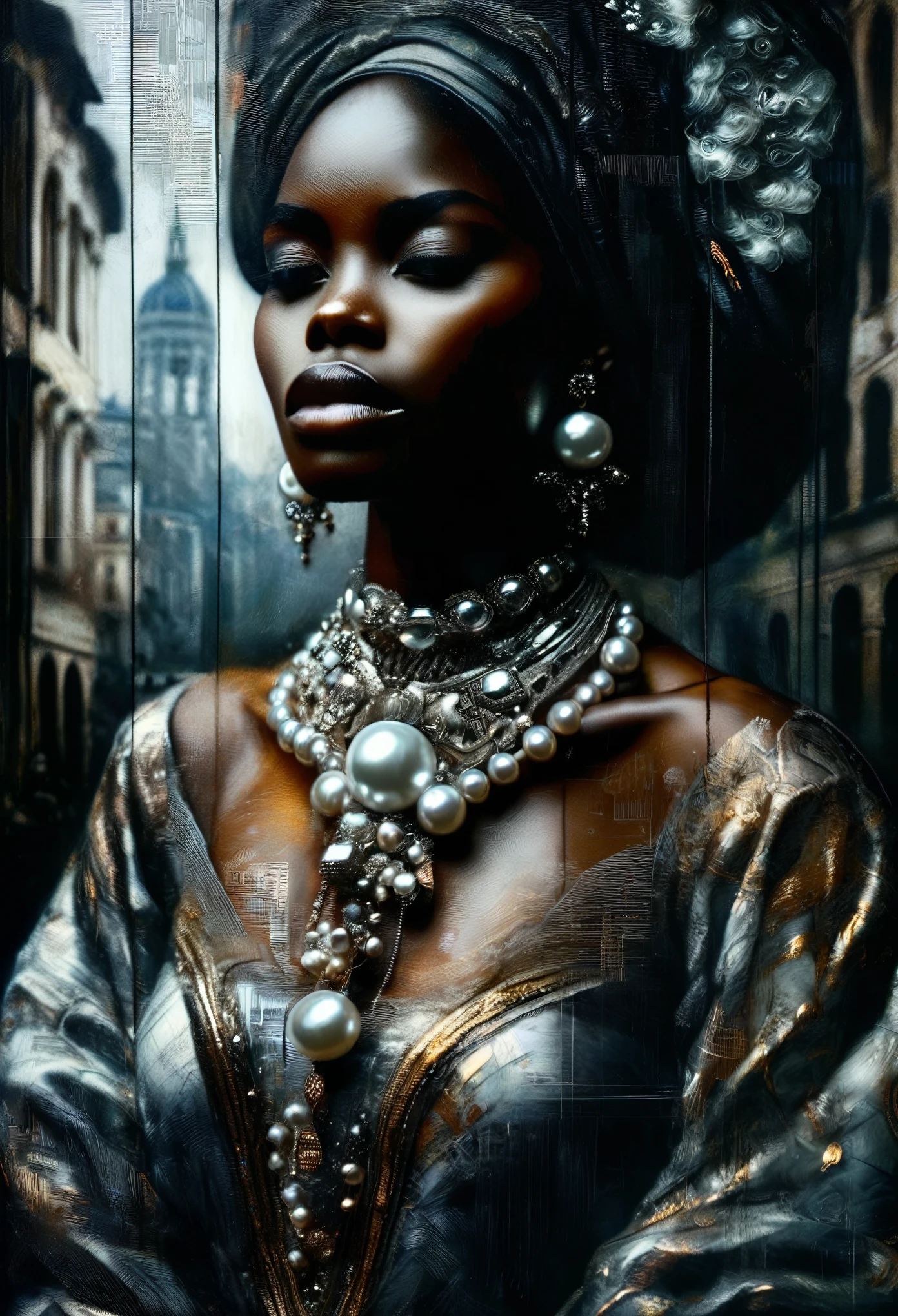 4D double exposure: portrait of the ((Transparent black woman with double exposure futuristic city streets in her head)), In the background of the city in renaissance costume, Oil Painting, 3/4 Profile view, gorgeous African designed pearl necklace, Luxurious fabrics, detailed embroidery, Moody chiaroscuro lighting, hight resolution