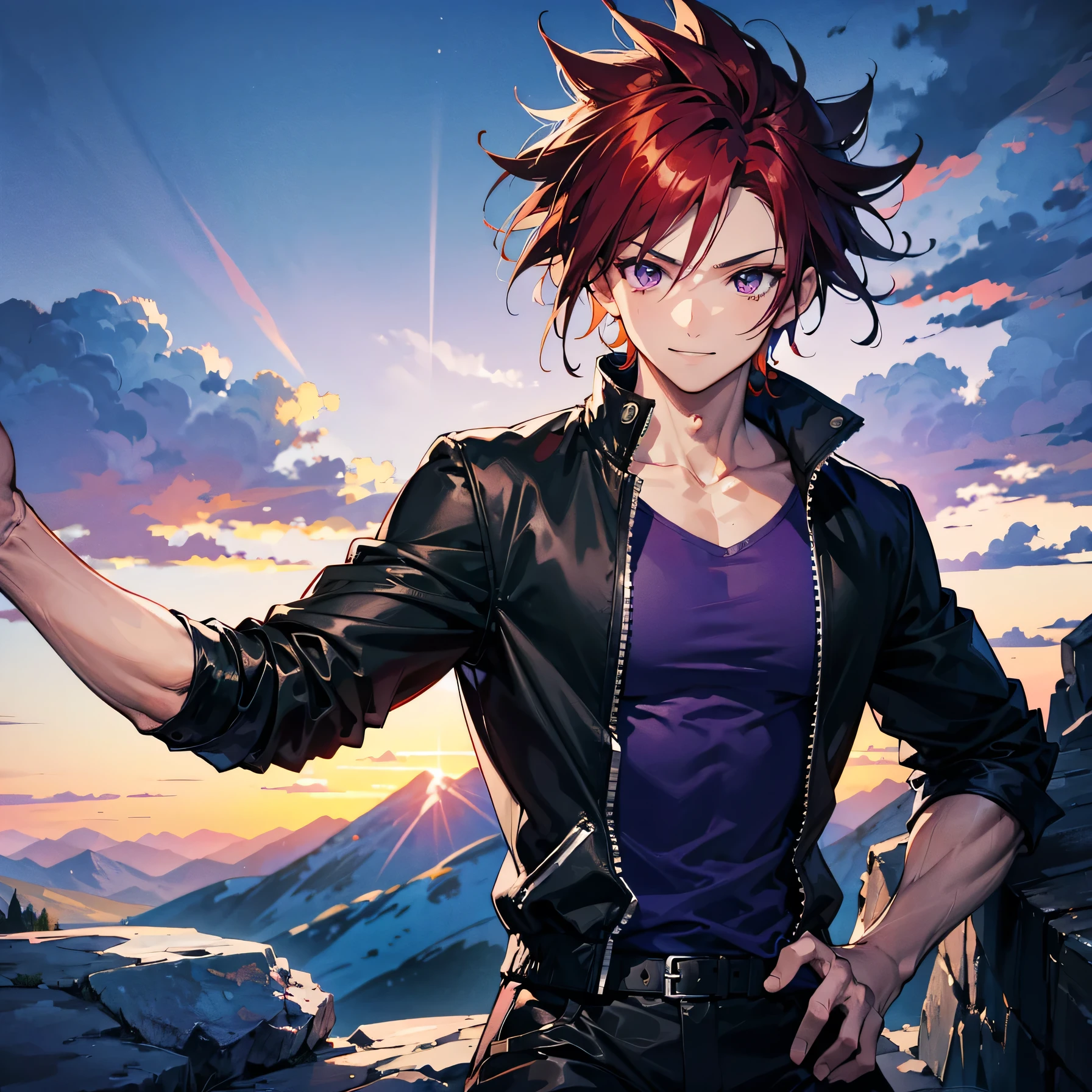 Anime art style,highest quality,High resolution,Anatomically correct,One Man,Twenty generations,Dark red hair,Purple Eyes,Super detailed,Fantasy style attire,Focus on the upper body,Spiky Hair,Spiked Hair,Strong physique,Short black jacket,Plain red tank top,Black trousers,wild atmosphere,Confident々Smile,Mountainous Regions,Sit leaning against a rock,8K