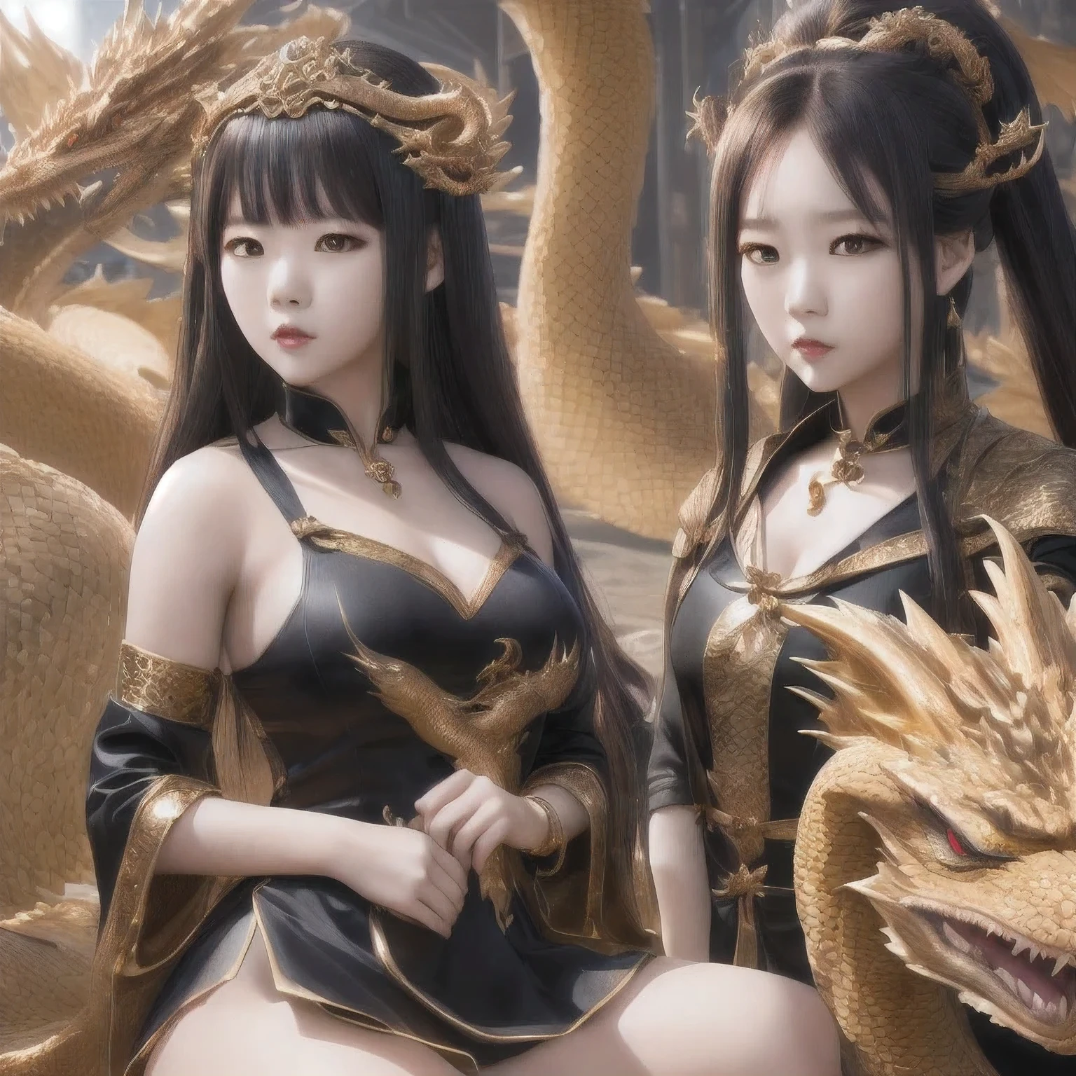 there is a schoolgirl in a black and white dress with a snake on her head, the dragon girl portrait, a beautiful fantasy empress, ruan j i a and art germ, r o s s t ran 8 k, w lop and r o s s t ran, r os s tran and wlop, 4 k detail fantasy, i u lee ji- eun as a super villain, unreal engine render + a goddess(((schoolgirl)))araffe schoolgirl in a gold dress posing next to a large dragon,schoolgirl, masayoshi suto and artgerm, the dragon girl portrait, realistic young gravure idol, 8 k artgerm bokeh, young sensual schoolgirl idol, schoolgirl live-action movie, schoolgirl goddess, a beautiful fantasy empress,((goddess))