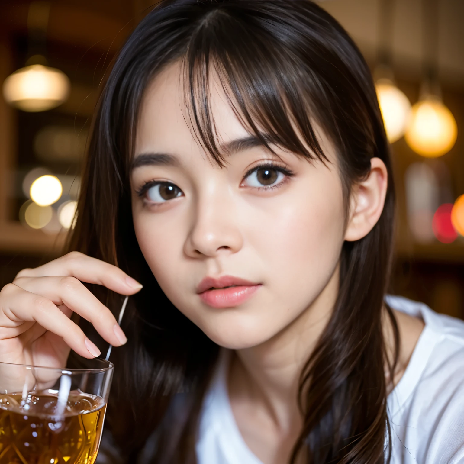 (Best-quality, Masterpiece, Ultra-High-Resolution, (Photorealistic:1.4), Raw Photo, depth of field, professional lighting, perfect anatomy, extremely details), 1girl, 15-years-old, the most famous Japanese idol, upper body, wearing T-shirt with cute-design, drink a shot of scotch in pub, extremely cute face, extremely beautiful big-eyes, extremely beautiful hair, extremely beautiful skins, extremely beautiful long-eyelashes, extremely beautiful lips, looking at viewer, detailed shot-of-scotch, detailed pub