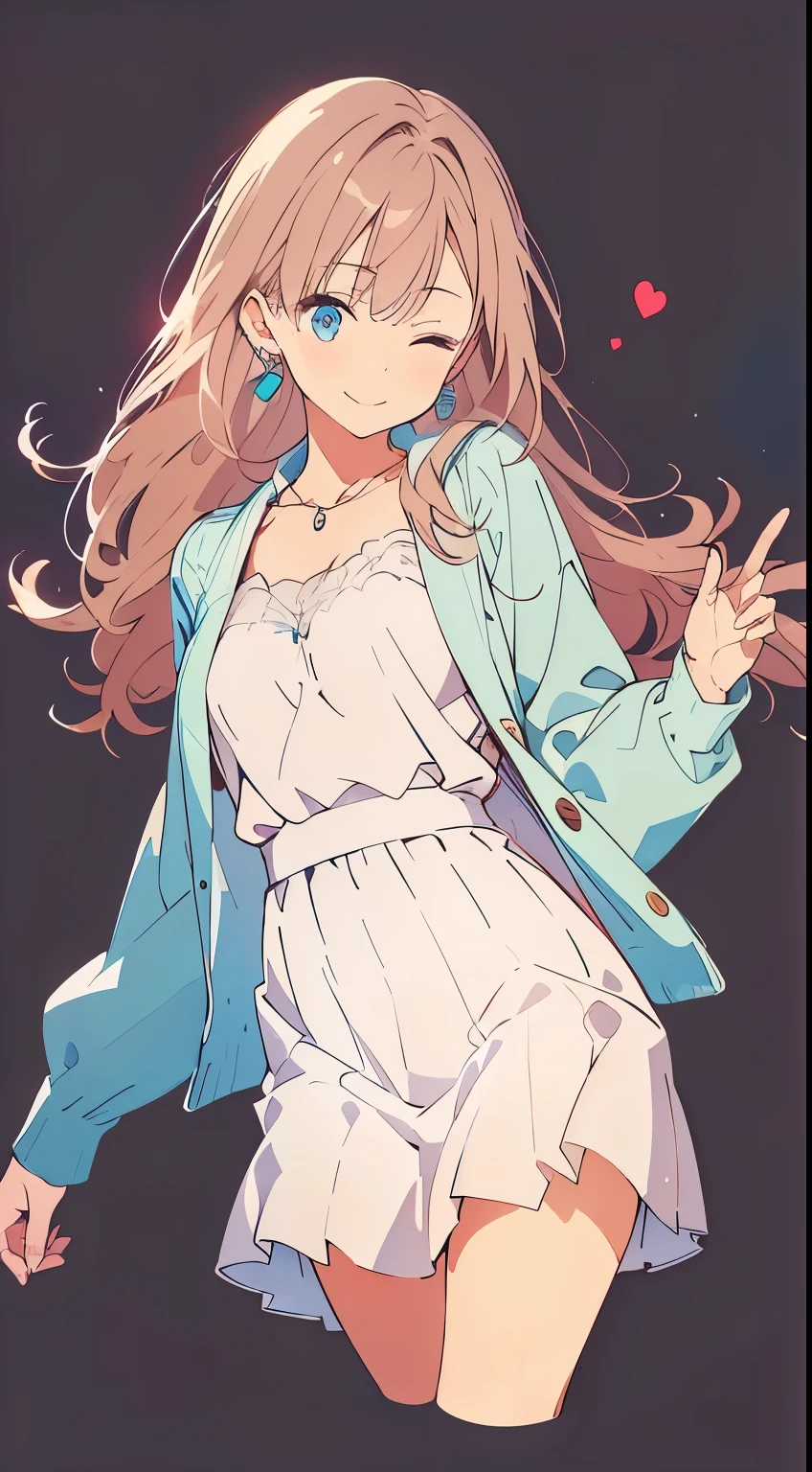 masterpiece,cropped legs, 1girl,brown hair, long hair,straight hair,hair pulled back,Wave hand,detail fingers,blue coat,white dress, Long skirt,finely detailed eyes and detailed face,one eye closed,smile,simple background,necklace,earrings,
