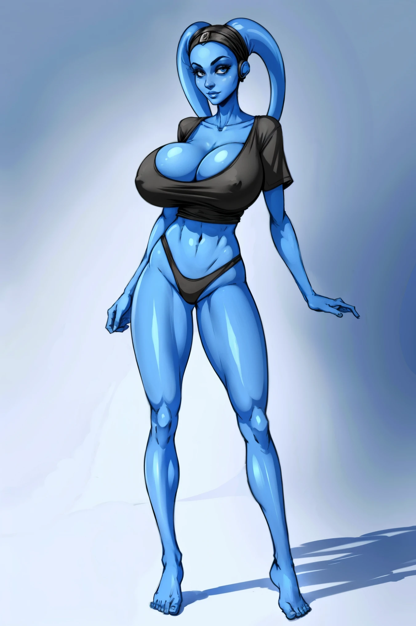 Tall, (thin), Blue Skin Twi'lek with (huge breasts) wearing an oversized t-shirt, panties, huge breasts, tall, graceful, (tall), slim hips, small waist, full-body shot
