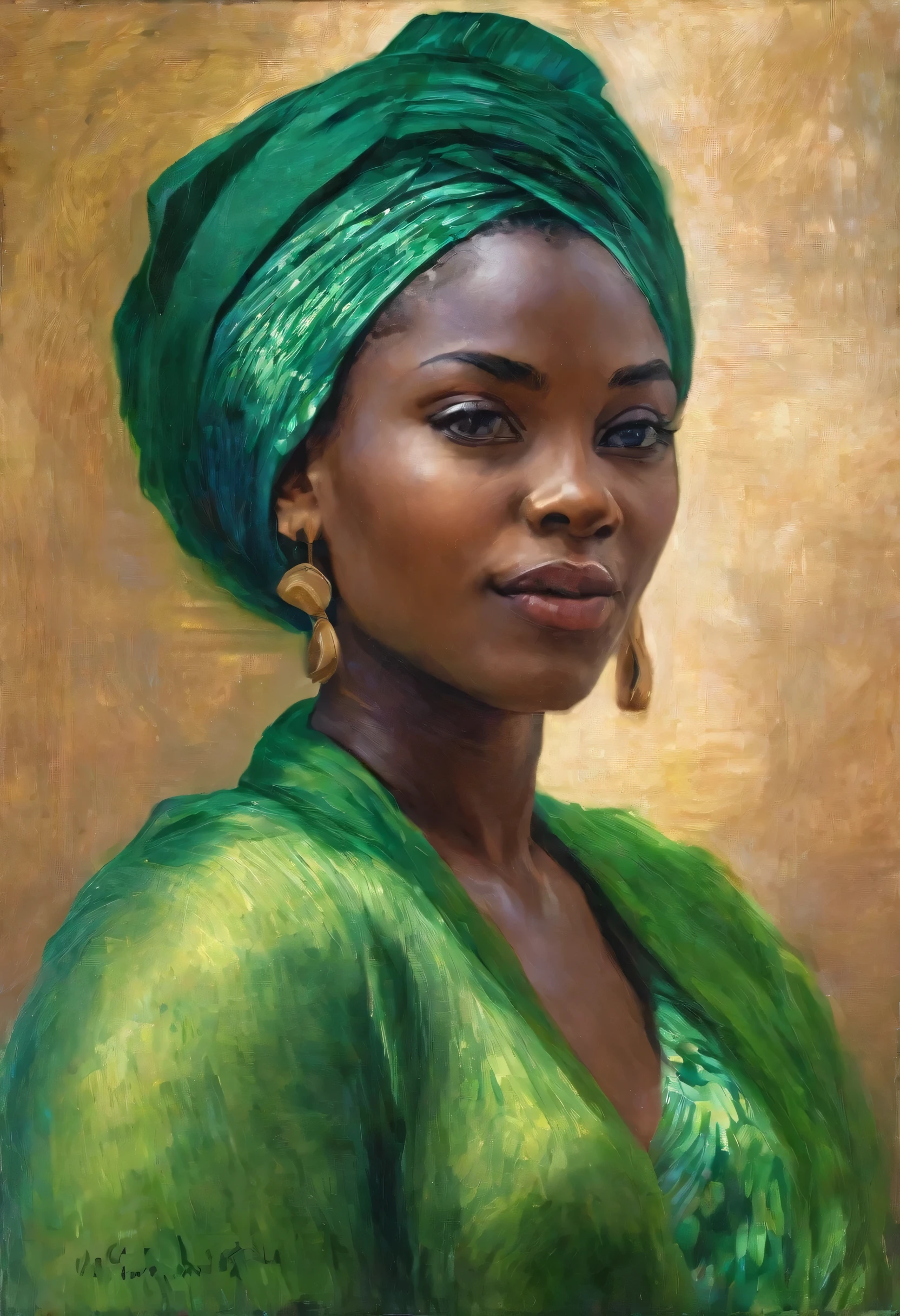oil painting (best quality,highres,hdr),ultra-detailed,portrait,oil painting,beautiful black woman,african turban green-gold african clothes,impressionist style,warm color palette,soft lighting, renoir, van gogh, monet