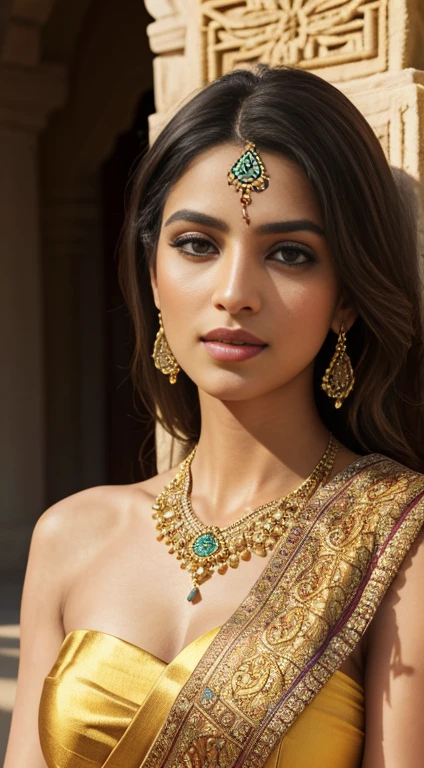 (best quality,4k,8k,highres,masterpiece:1.2),ultra-detailed,(realistic,photorealistic,photo-realistic:1.37),beautiful detailed eyes,beautiful detailed lips,extremely detailed eyes and face,longeyelashes,1girl,traditional,cultural,ornate saree,soft folds of fabric,colorful patterned fabric,embroidered border,golden shimmering threads,elaborate draping style,rich and vibrant colors,ethnic jewelry,henna-adorned hands,feminine grace and elegance,serene expression,natural sunlight,soft diffused lighting,traditional Indian courtyard,flowers in the background,exotic and enchanting atmosphere.