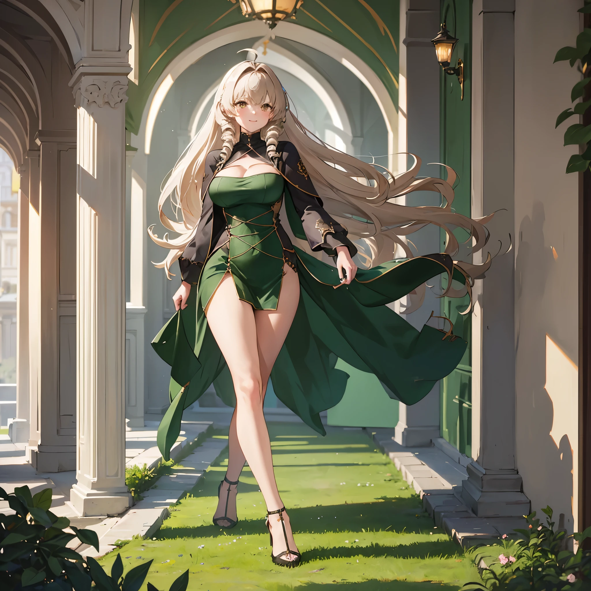 A woman wearing moss green dress wearing an open green coat, (azur lane) black heels, walking on a promenade in a traditional Italian town, backlit, blurred background, light beige hair, brown eyes, smiling, full body. shadow, flower, UHD, masterpiece, accurate, anatomically correct, textured skin, super detail, high quality, best quality, 8k, high resolution, bokeh effect. (solo woman)
