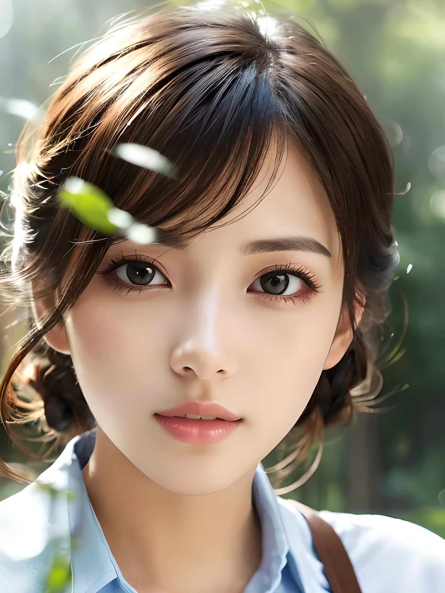 asterpiece, highest quality, High resolution, wallpaper, realistic, (bright lighting:1.4), professional lighting, face light, smooth lighting, (shoot from front:1.8), 1 girl, closeup-face, cute, sleepy, open mouth to say something, shy, Beautiful girl, gravure, sexy, super beautiful, beautiful skin, beautiful and detailed eyes、detailed face、slim、moderately, half updo, brunette colored hair, brown eyes, Professional Photography, Bokeh, Portrait, The morning sunlight shines through the misty forest path. silk blouse,