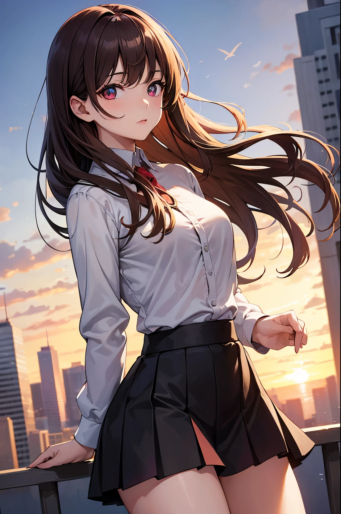 Highly detailed, high quality, masterpiece, beautiful, (all photographic shot), young student girl, red eyes, perfect eyes, pretty eyes, light eyes, brown hair, big thighs, medium chest, blue blouse, black skirt, background image in the city at sunrise