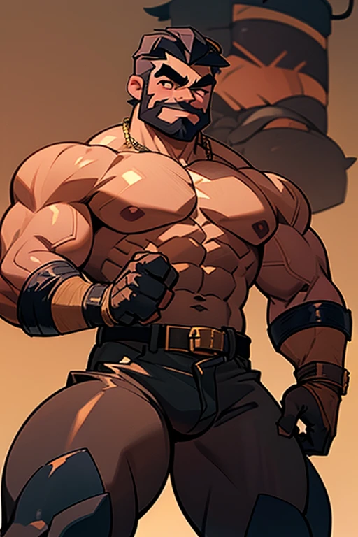 A naked muscular hairy man with a brown skin, a big amount of chest hair, a big black beard, black hair, with big penis ,and some cum on his abs and some scars, raising both hands wide open as he is smirking while having a side smile, let him have a pierced in his nipple and make him in the style of Overwatch characters as Cassidy reference naked big dick so big cock big