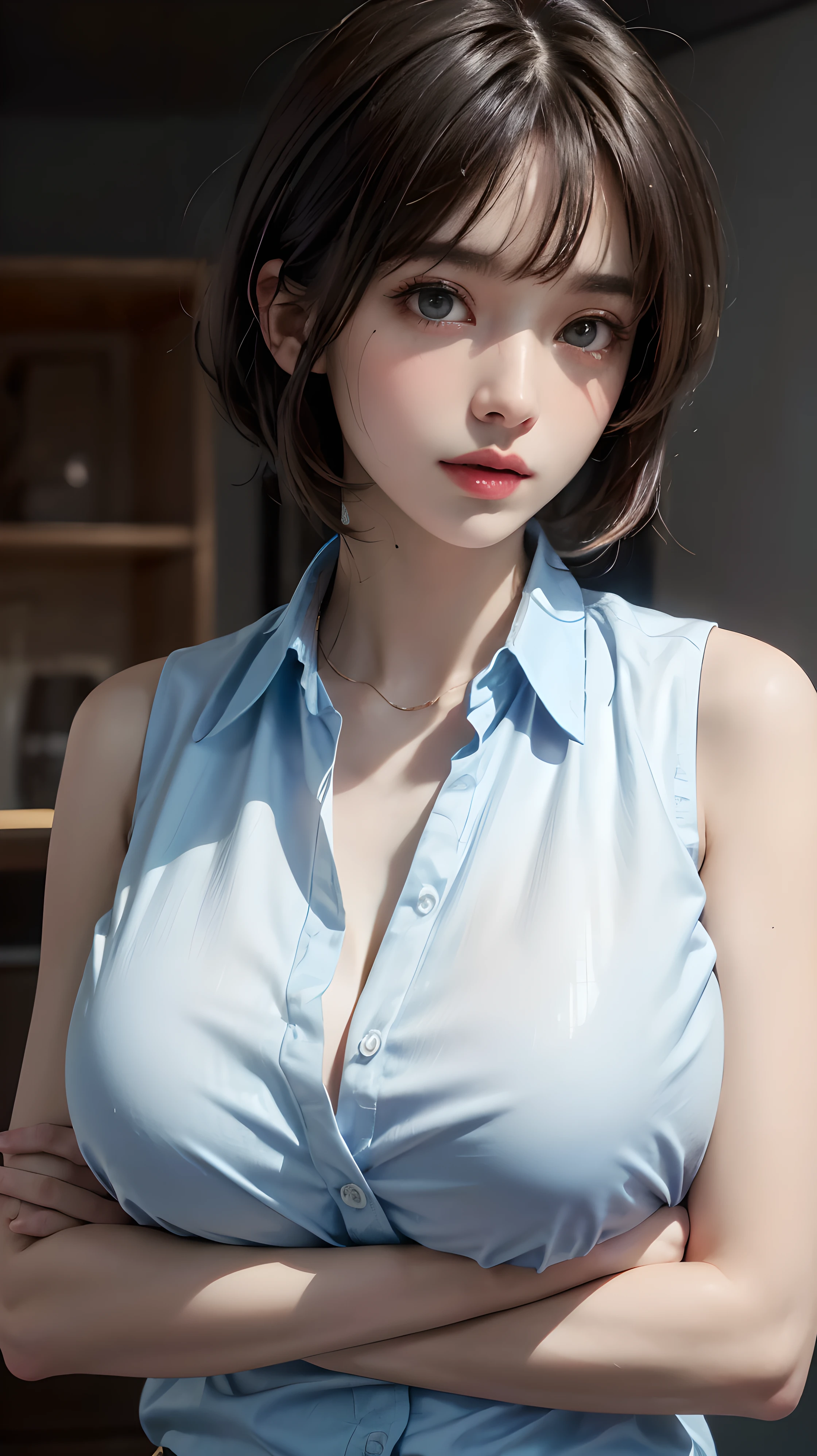 (UHD, Retina, masterpiece, precise, Anatomically_correct, Textured_skin, excellent_detail, High_details, High_quality, the best_quality, High_resource, 1080P, HD, 4k, 8K, 16K), (beautiful_detailed_Eyes, beautiful_detailed_Lips, Extremely_detailed_Eyes_and_Face), Soft_light, Physically based_Rendering, vivid_color, (Large and sagging breast:1.5), (Shiny_hair, Shiny_skin, tanned_skin, blush), (Bangs:1.5), Eye_reflection, (Bokeh), Micro lol_and_lol, (Sleeveless_Business_shirt:1.5), From the back,