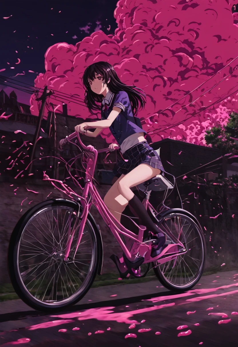 a picture of a girl riding a bike, an album cover, pixiv contest winner, auto-destructive art, 256x256, pink slime everywhere, gapmoe yandere grimdark, [32k hd]^10
