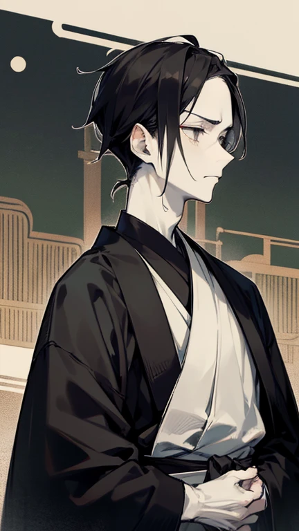 Black kimono from the Taisho period、（Pale-faced man）、（A handsome man who is emaciated due to illness）、Upper Body、Black Hair、（looking at the camera）、sad,mournful,despairing