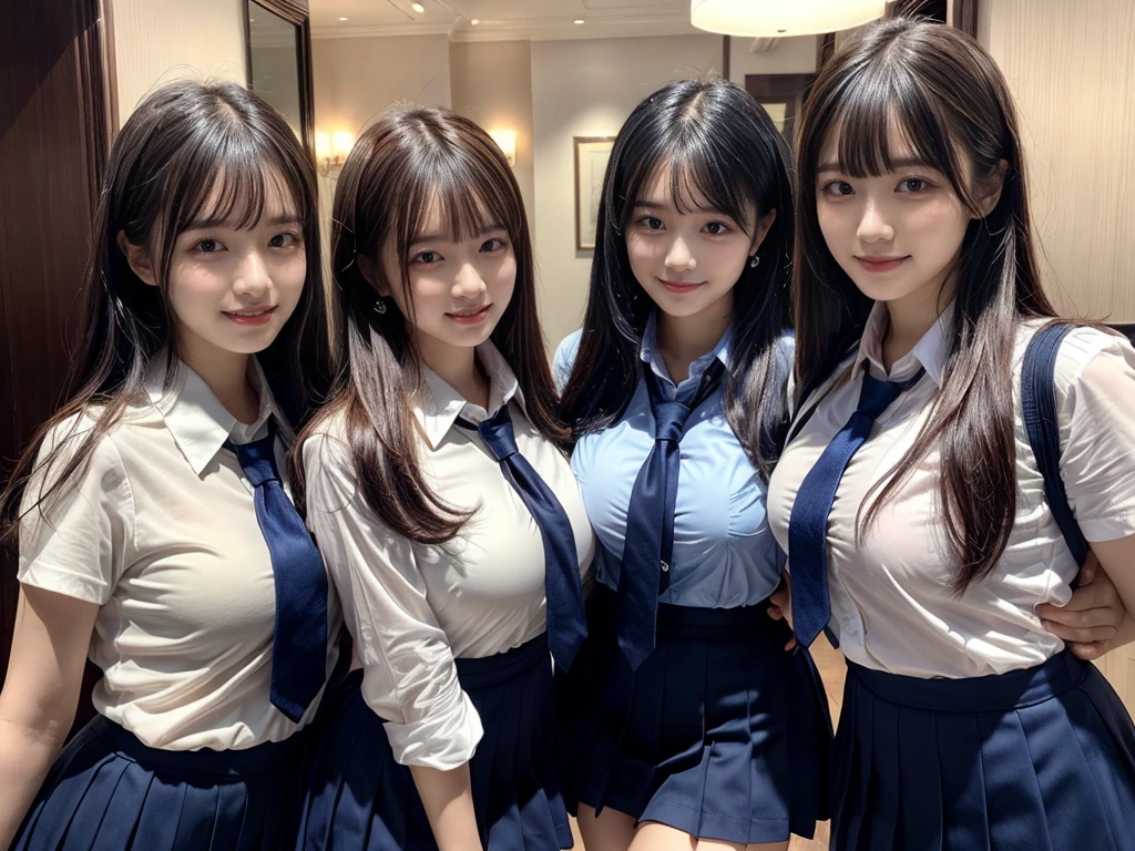 (8K, Raw photography, top-quality, masterpiece:1.2), ((3 beatiful girls))、.(Realistic Skins 1.4)、(((female high-school student、School Uniforms、)))、{{(The background is a luxury hotel room}}((School Uniforms、white Cutter shirt、darkblue pleatedskirt))、((long hair))、(A dark-haired、The forehead is hidden by bangs、)、Black eyes、shinny skin.Beautiful delicate face、Beautiful delicate eyes、{Voluptuous body shape、Thicker thighs}、One piercing in each ear、((smile:1.3)),((large breasts)), ((navy blue tie)) ,looking at camera, ((close up))