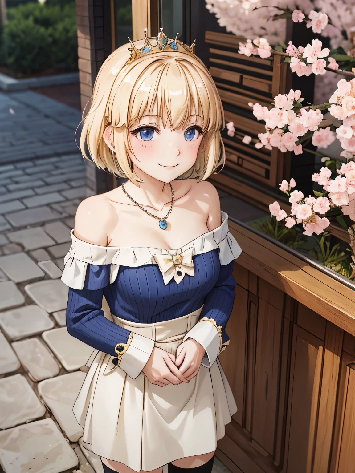 Woman portrait ,Blonde Hair、princess mia、necklace, smile、Closed Mouth、clavicle, Off the shoulder, Sweater dress, Long sleeve, Black knee socks, Outdoor, Are standing, Put your arms behind your back, cherry blossoms, 