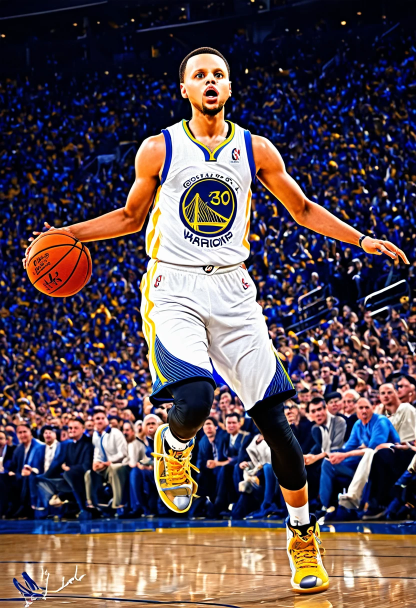 
Create a high-definition, realistic sports poster of Stephen Curry from the Golden State Warriors. The design should be modern and stylish, reflecting current graphic design trends. Capture Curry in mid-action during a game, showcasing his dynamic energy and skill. Use the team's signature blue and gold color scheme with sleek, sharp lines. Include realistic details such as sweat, muscle definition, and intense facial expressions. The background should feature a roaring crowd and subtle elements of the basketball court. Ensure the poster looks like a professionally crafted piece, suitable for both print and digital display, without any text or writing.