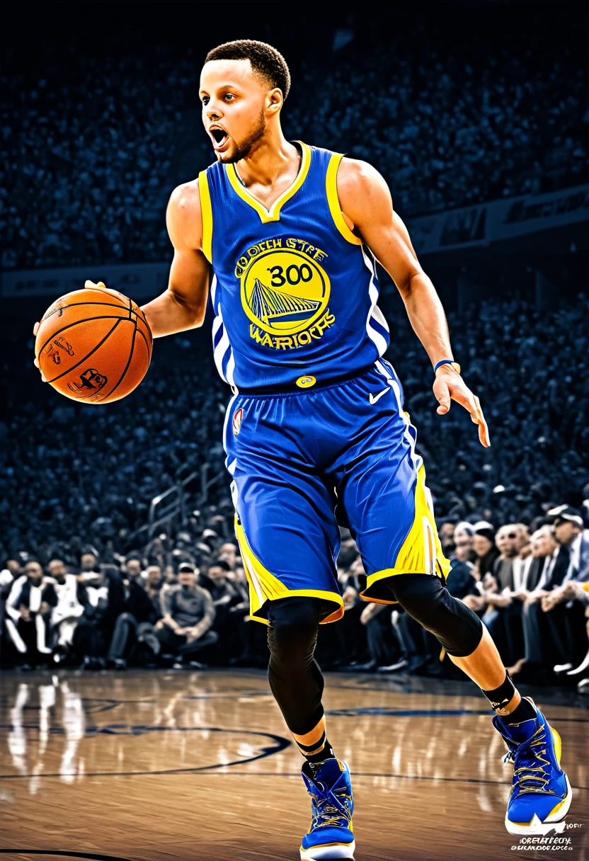 Create a high-definition, realistic sports poster of Stephen Curry from the Golden State Warriors. The design should be modern and stylish, reflecting current graphic design trends. Capture Curry in mid-action during a game, showcasing his dynamic energy and skill. Use the team's signature blue and gold color scheme with sleek, sharp lines. Include realistic details such as sweat, muscle definition, and intense facial expressions. The background should feature a roaring crowd and subtle elements of the basketball court. Ensure the poster looks like a professionally crafted piece, suitable for both print and digital display, without any text or writing.