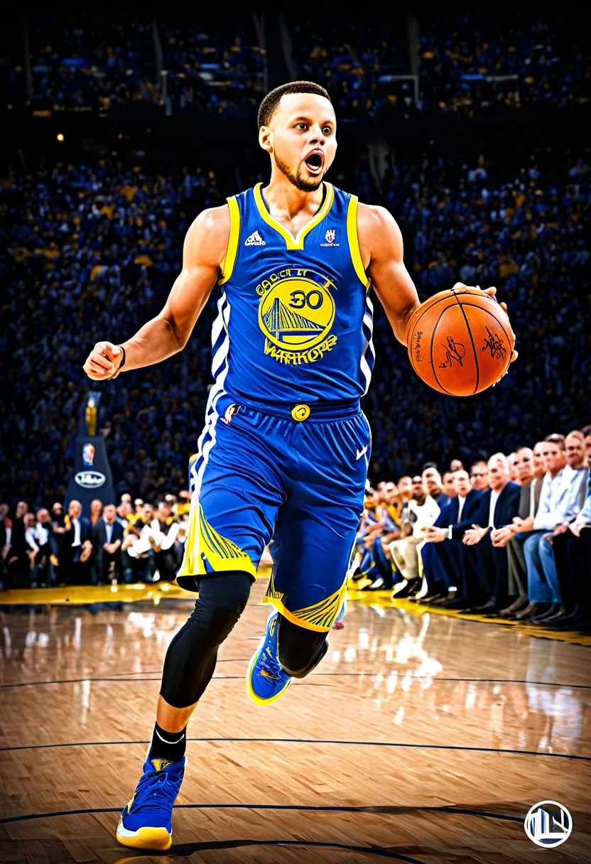 Create a high-definition, realistic sports poster of Stephen Curry from the Golden State Warriors. The design should be modern and stylish, reflecting current graphic design trends. Capture Curry in mid-action during a game, showcasing his dynamic energy and skill. Use the team's signature blue and gold color scheme with sleek, sharp lines. Include realistic details such as sweat, muscle definition, and intense facial expressions. The background should feature a roaring crowd and subtle elements of the basketball court. Ensure the poster looks like a professionally crafted piece, suitable for both print and digital display, without any text or writing.