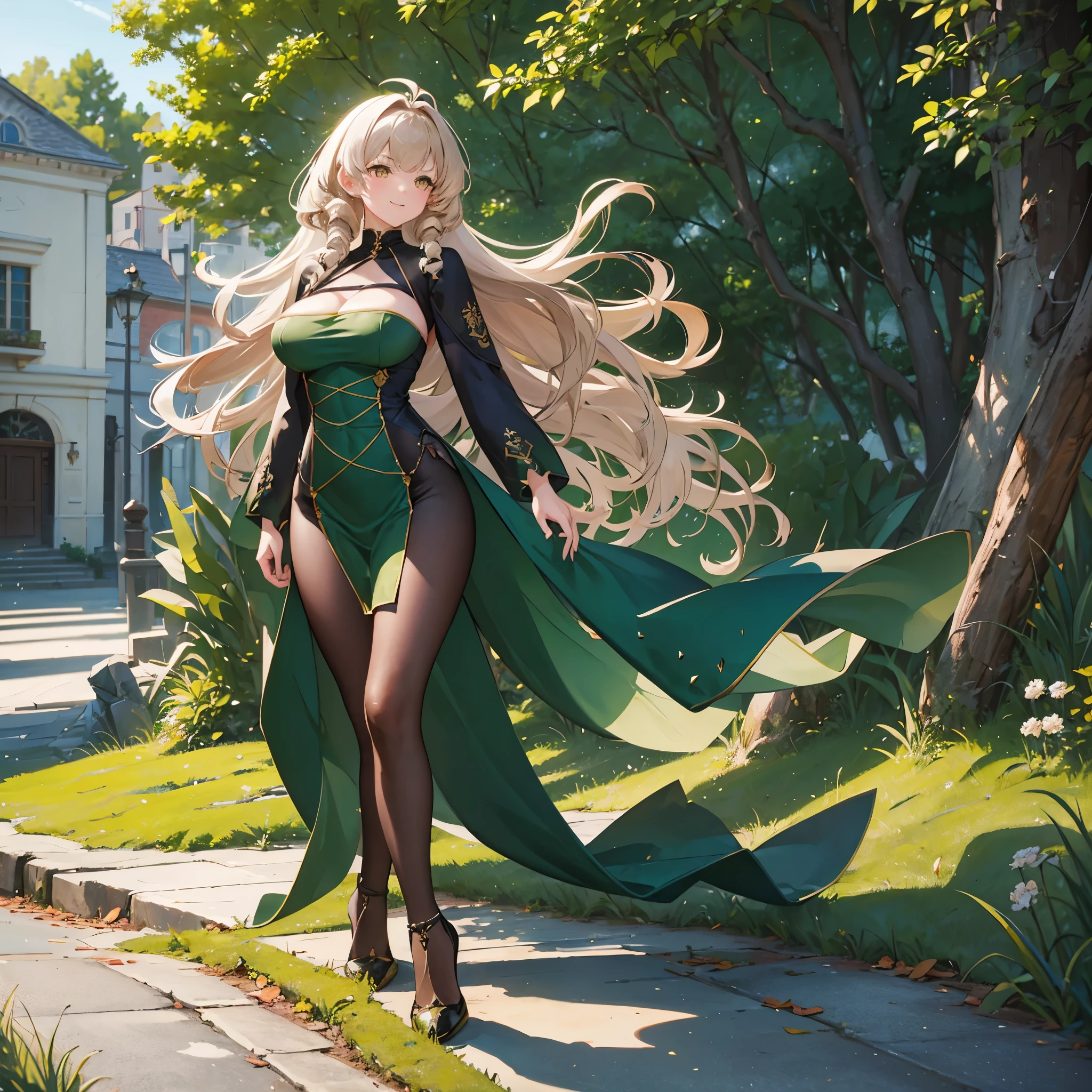 A woman wearing moss green dress wearing an open green coat, (azur lane) black heels, walking on a promenade in a traditional Italian town, backlit, blurred background, light beige hair, brown eyes, smiling, full body. shadow, flower, UHD, masterpiece, accurate, anatomically correct, textured skin, super detail, high quality, best quality, 8k, high resolution, bokeh effect. (solo woman)
