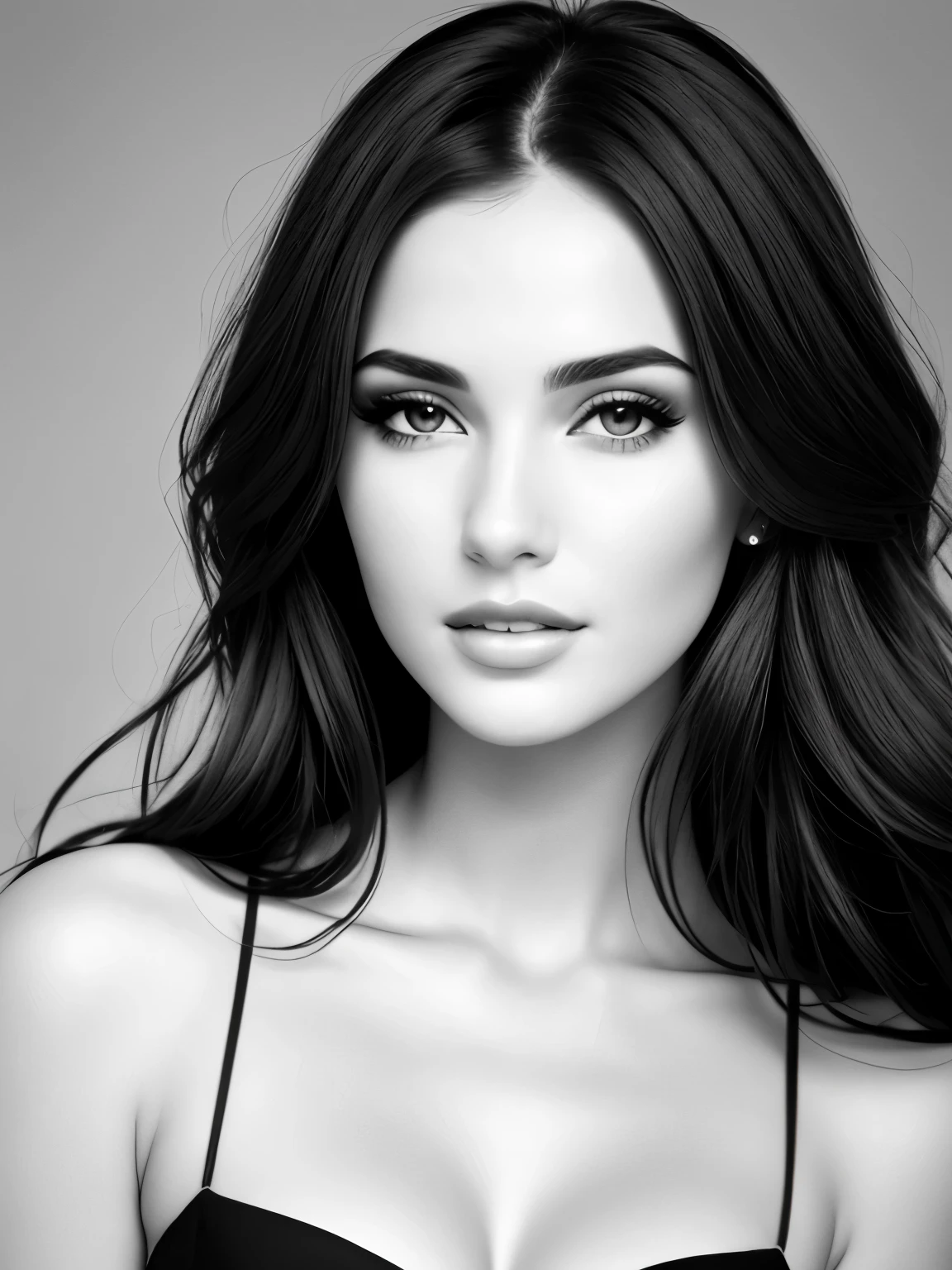 Face of very beautiful brunette woman in black and white