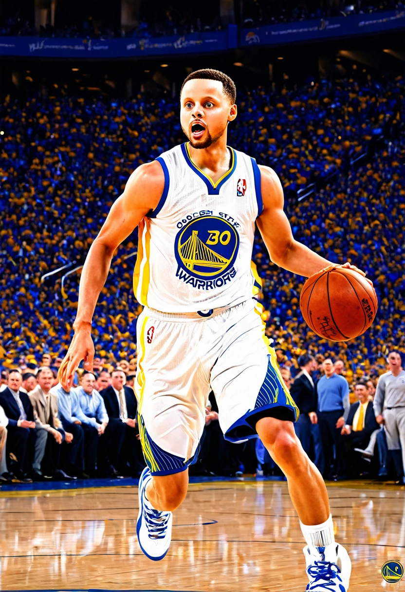 **Prompt:**
Create a high-definition, realistic sports poster of Stephen Curry from the Golden State Warriors. The design should be modern and stylish, reflecting current graphic design trends. Capture Curry in mid-action during a game, showcasing his dynamic energy and skill. Use the team's signature blue and gold color scheme with sleek, sharp lines. Include realistic details such as sweat, muscle definition, and intense facial expressions. The background should feature a roaring crowd and subtle elements of the basketball court. Ensure the poster looks like a professionally crafted piece, suitable for both print and digital display, without any text or writing.
